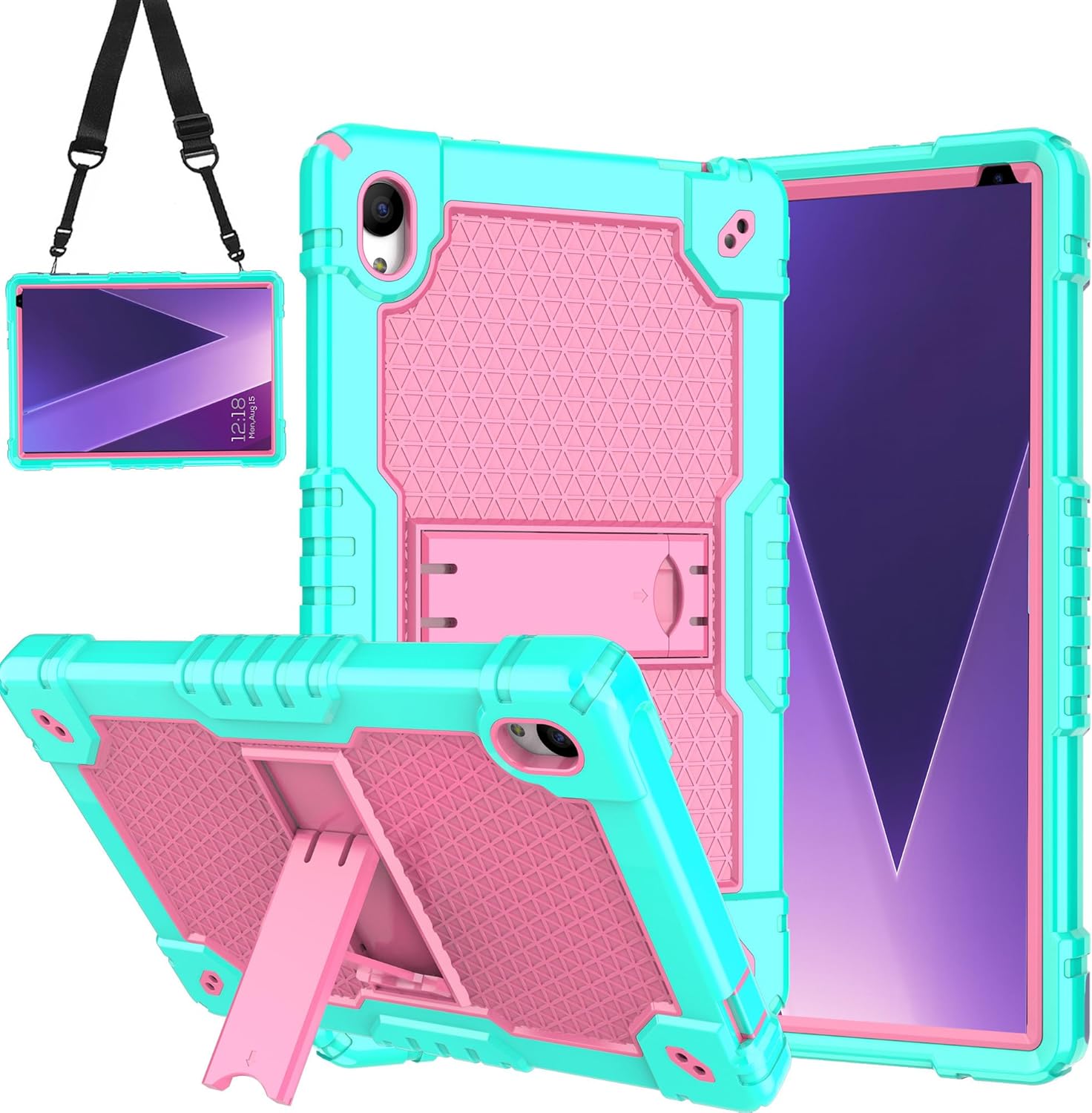 Case for Pritom Tab 10 Lite Tablet/TECLAST P26T/TECLAST P25T/Wetap M10 10.1 inch Tablet Shockproof Firendly Case Built in Kickstand Shoulder Strap with Screen Protector (Green/Pink/2 PCS)