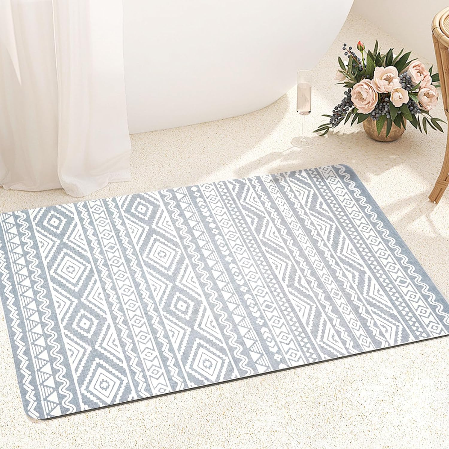 FRESHMINT Bohemian Bath Mat Soft Boho Bathroom Mat Non-Slip Quick Dry Bath Rugs Thin Washable Shower Floor Mats with Super Water Absorbent Layer & Rubber Backing, 20"x32", Aqua Blue& White 1'8" x 2'8" (Rectangular) Aqua Blue&white