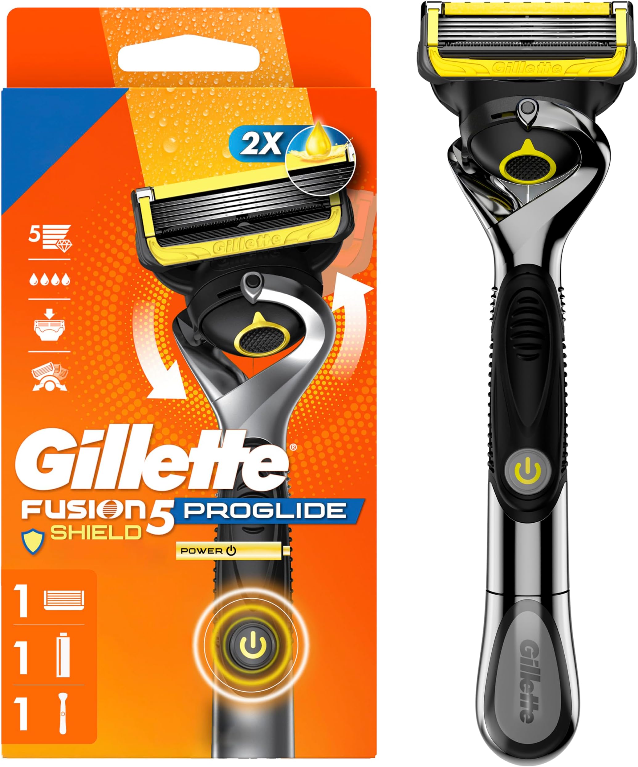 Fusion5 ProGlide Shield Shaving Razor for Men, 1 Power Razor Handle, 1 Refill, 2x Lubrication, Battery-Powered with FlexBall Handle and Precision Trimmer for Men