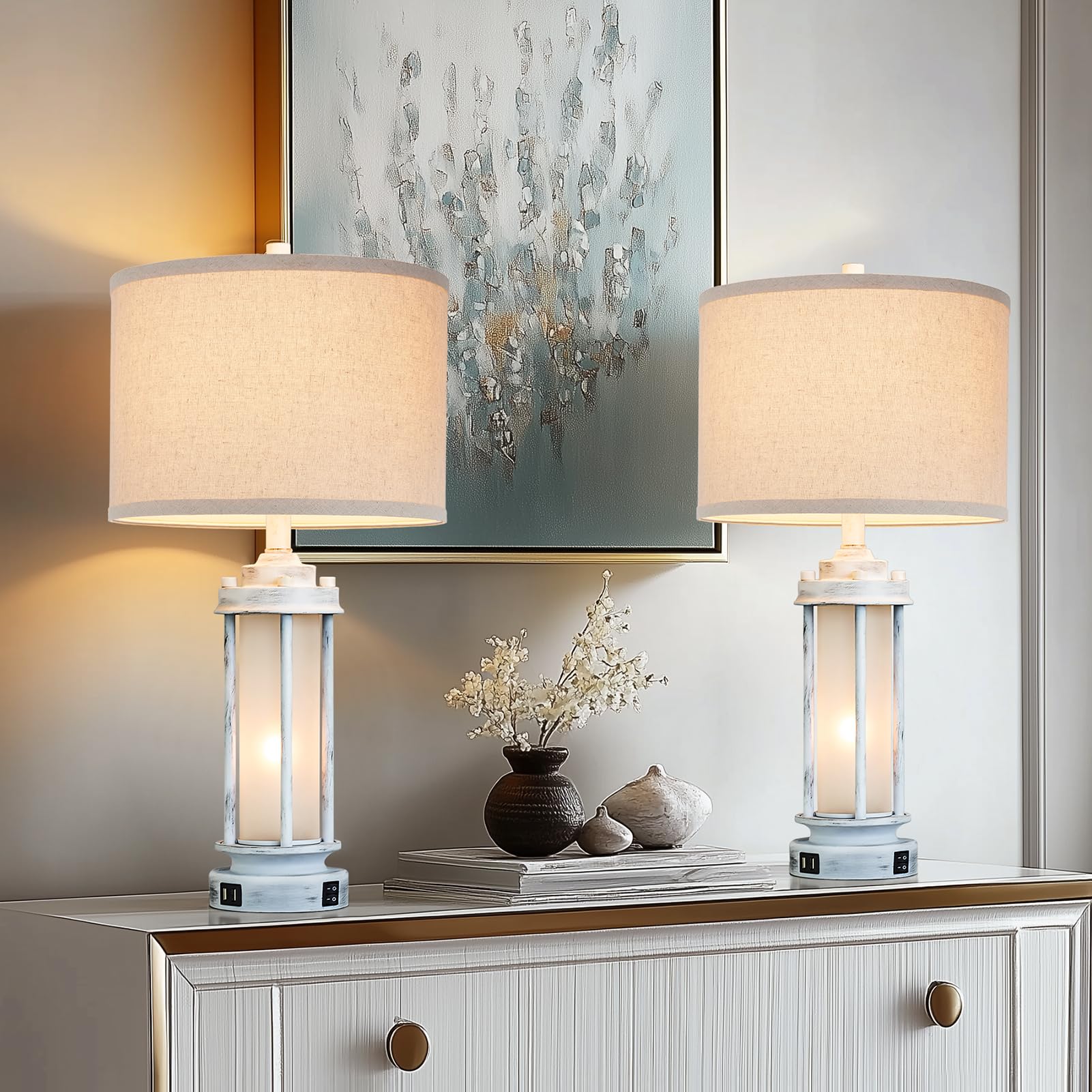 AIEAMPDO Lot de 2 lampes de table rustiques de 63,5 cm, lampes de chevet vintage avec 2 ports USB, lampe de bureau blanche antique avec veilleuse en verre pour salon, chambre à coucher, dortoir, 4