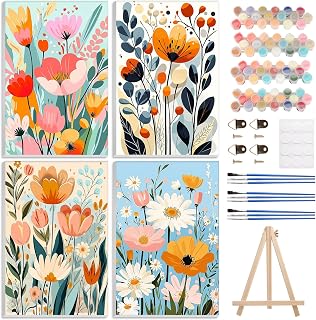 4 Pack Paint by Numbers Kits for Adults Beginners Framed Canvas, Adult Paint by Number Kit with Wooden Easel, Flowers Easy Painting by Numbers for Adults Framed Crafts for Home Decor 8x12inch