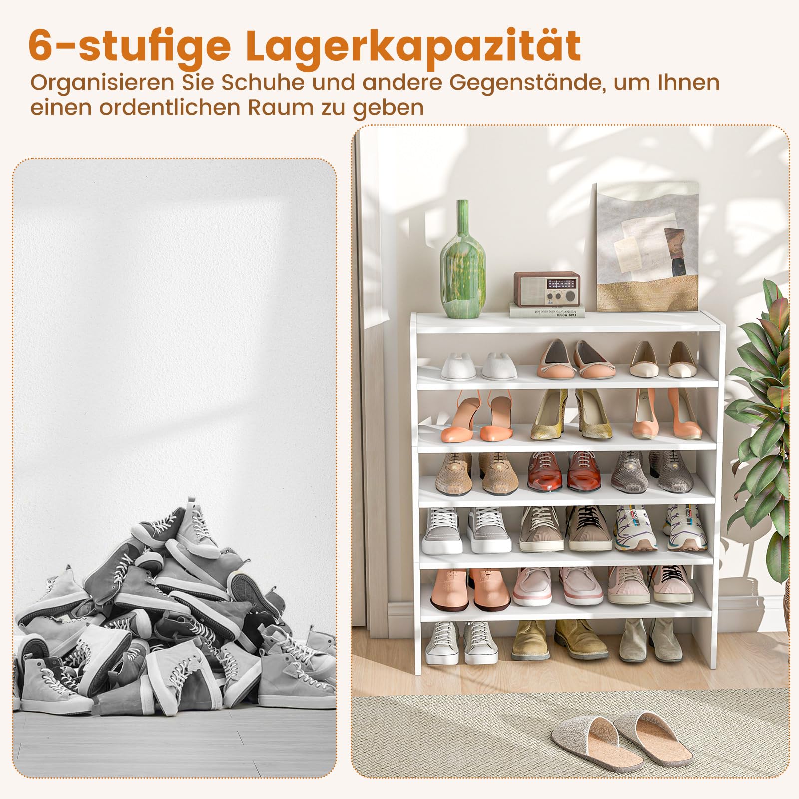 COSTWAY 5-stufiger stapelbares Schuhregal, Schuhschrank offen, 78 x 30 x 90 cm, Schuhablage aus Holz, für Eingangsbereich, Flur, frei kombinierbar, Weiß