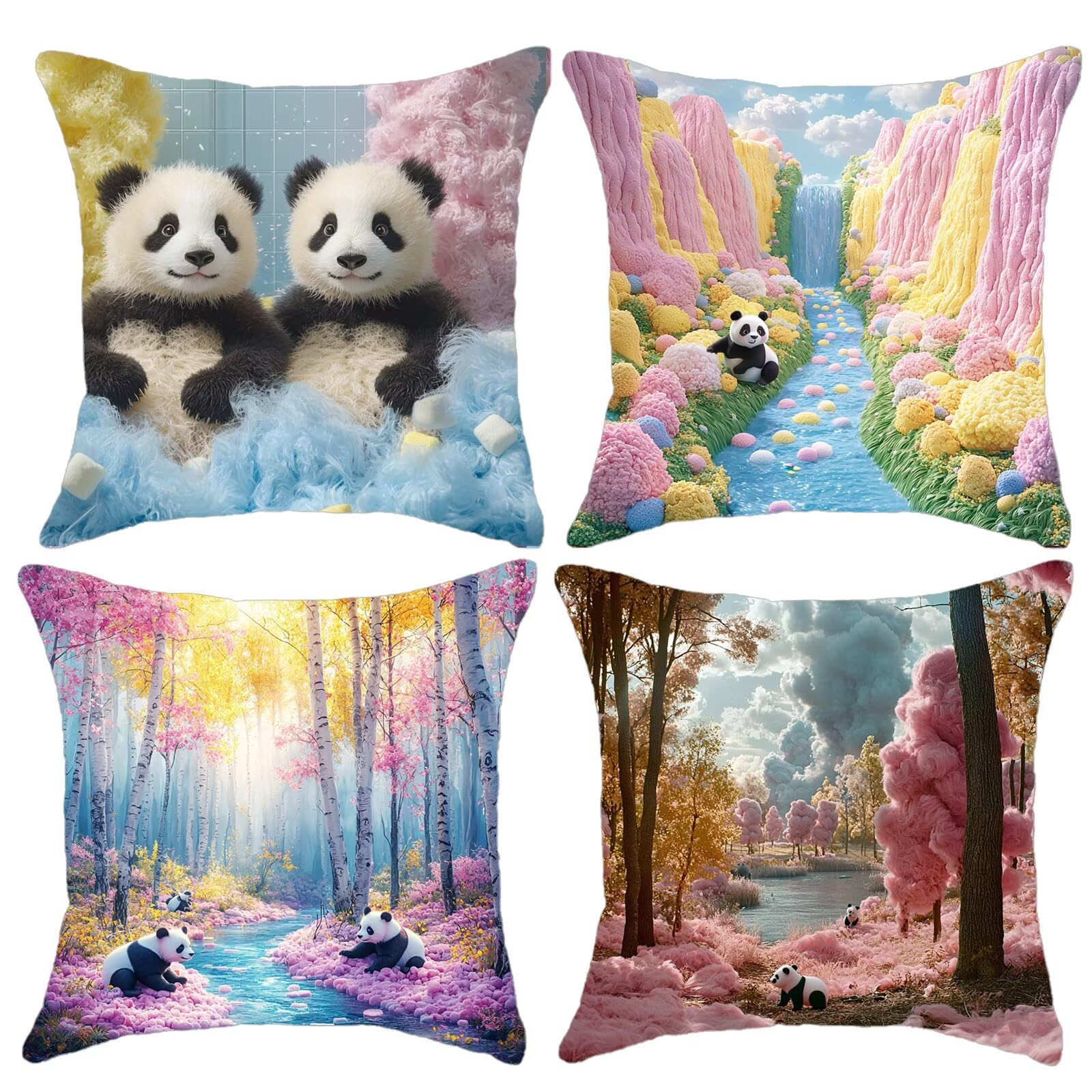 Funda Cojin 65x65 Pack de 4 Rosa Cojines de Exterior Impermeables de Lino, Cuadradas, Decorativas Panda para Sofá, Muebles de Jardín, Sofá, Cama, Banco, Decoración Rústica, Regalos para Mujeres G9-535