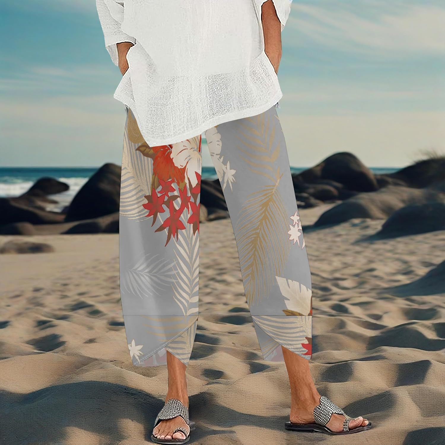 Capris Pants for Women 2025 Summer Printed Baggy Cropped Wide Leg High Elastic Waist Trousers Beach Vacation Pant - Image 4