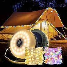 Mcbazel LED Camping Lichterkette Aufrollbar Solar 10M Wasserdichte Lichterkette mit Fernbedienung für Außenbereich/Zelt/Garten/Van - 5 Modi USB-C/Solarladung, IP44, Warmweiß Multicolor