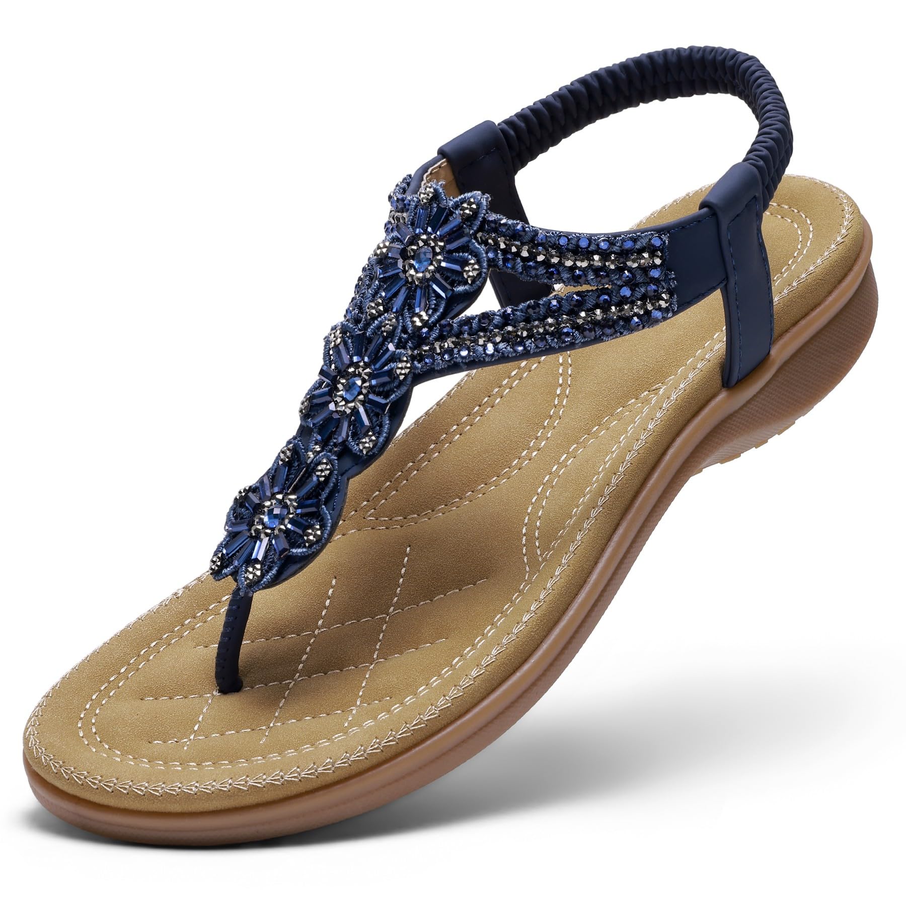 Littleplum Sandalen Damen Flache Strass Bohemia Zehentrenner Elegant Sandaletten mit Weiche Fußbett