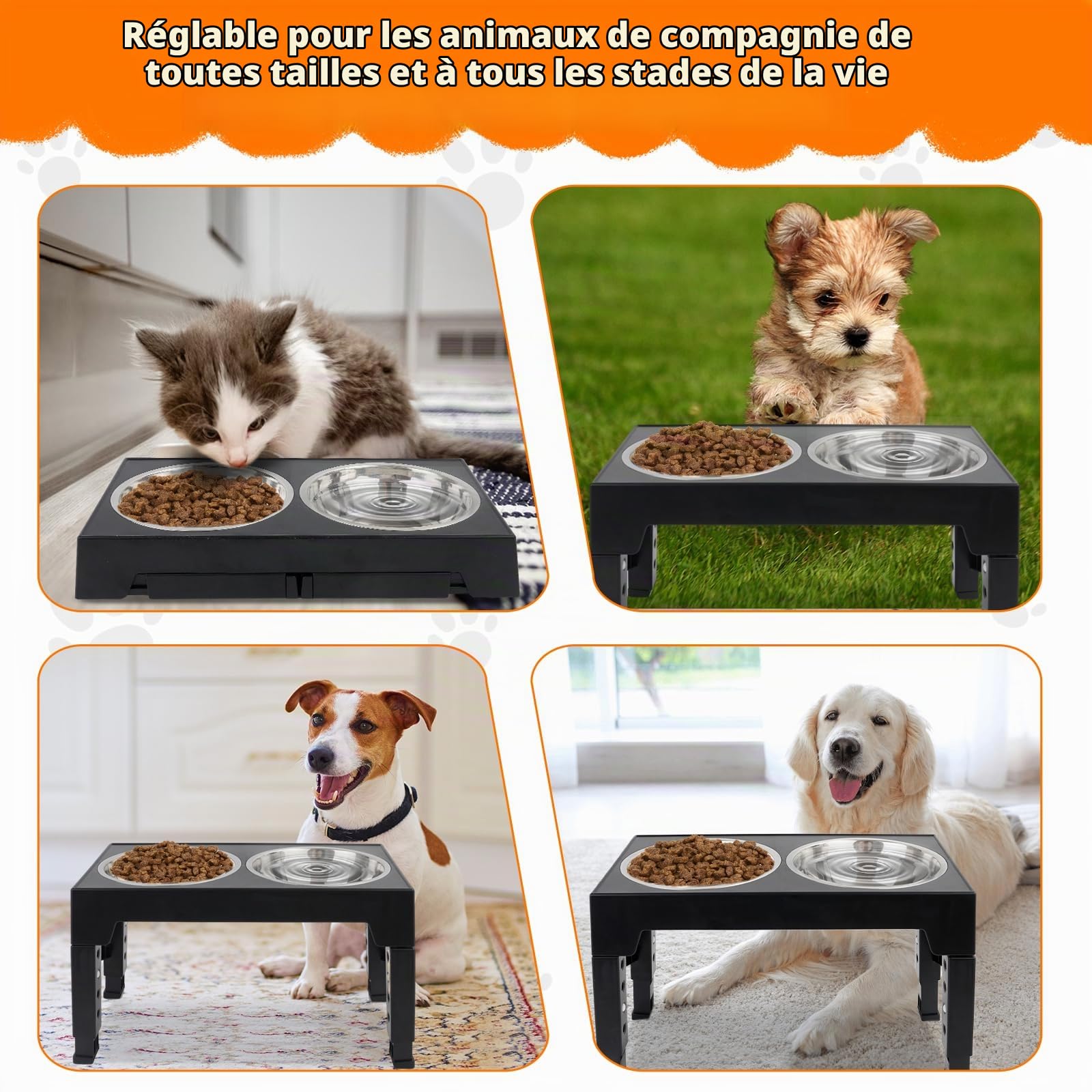 Bol pour chien surélevé réglable en hauteur avec 5 hauteurs Support de bol pour chien avec 2 bols pour chien Bol d'alimentation en acier inoxydable pour grands, moyens et petits chats et chiens Noir