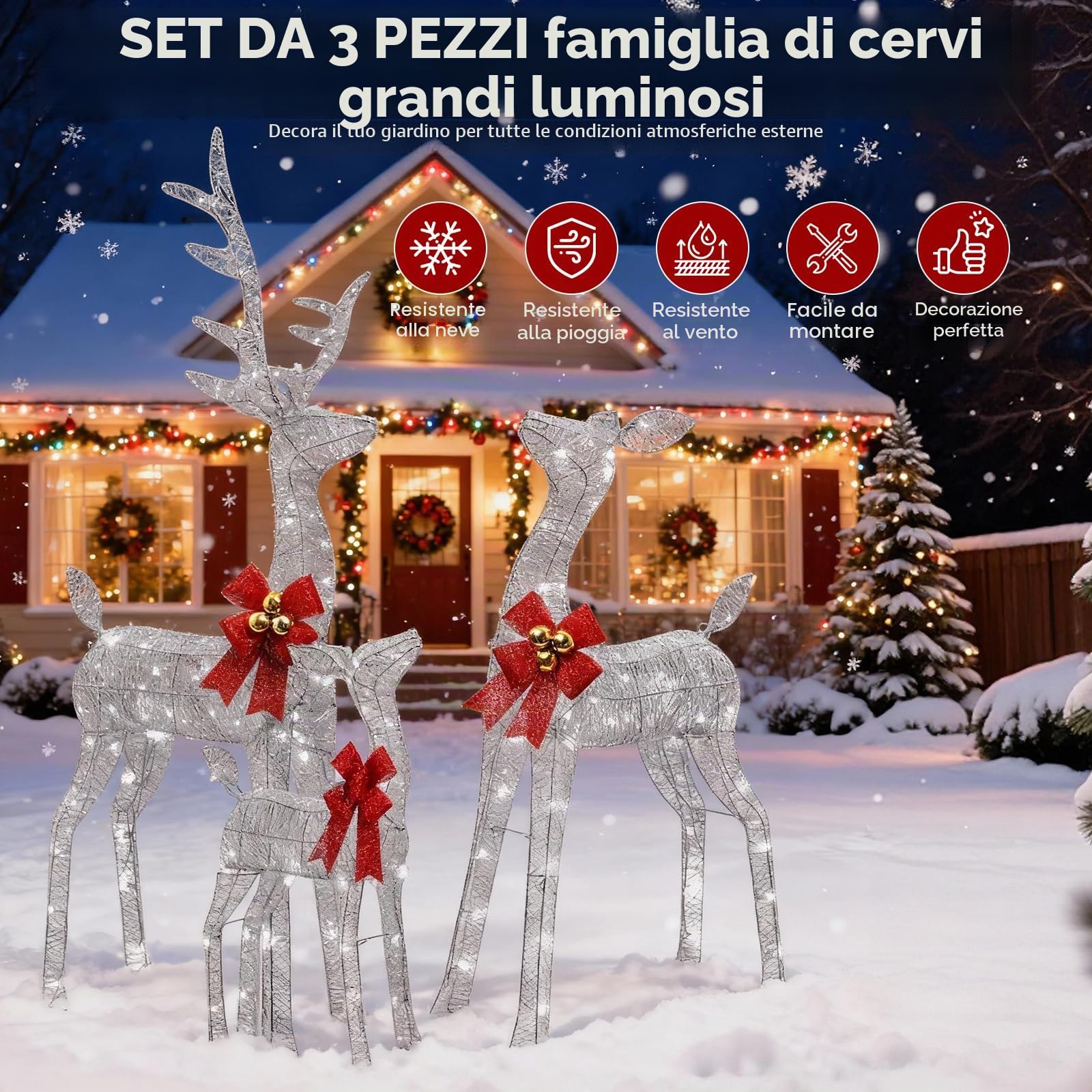 Decorazioni Natalizie da Esterno per Giardino: Famiglia di 3 Renne Luminose da Esterno, Telaio in Metallo Resistente e Impermeabile, Figure Natalizie LED XXL per Esterno Interno Giardino Balcone