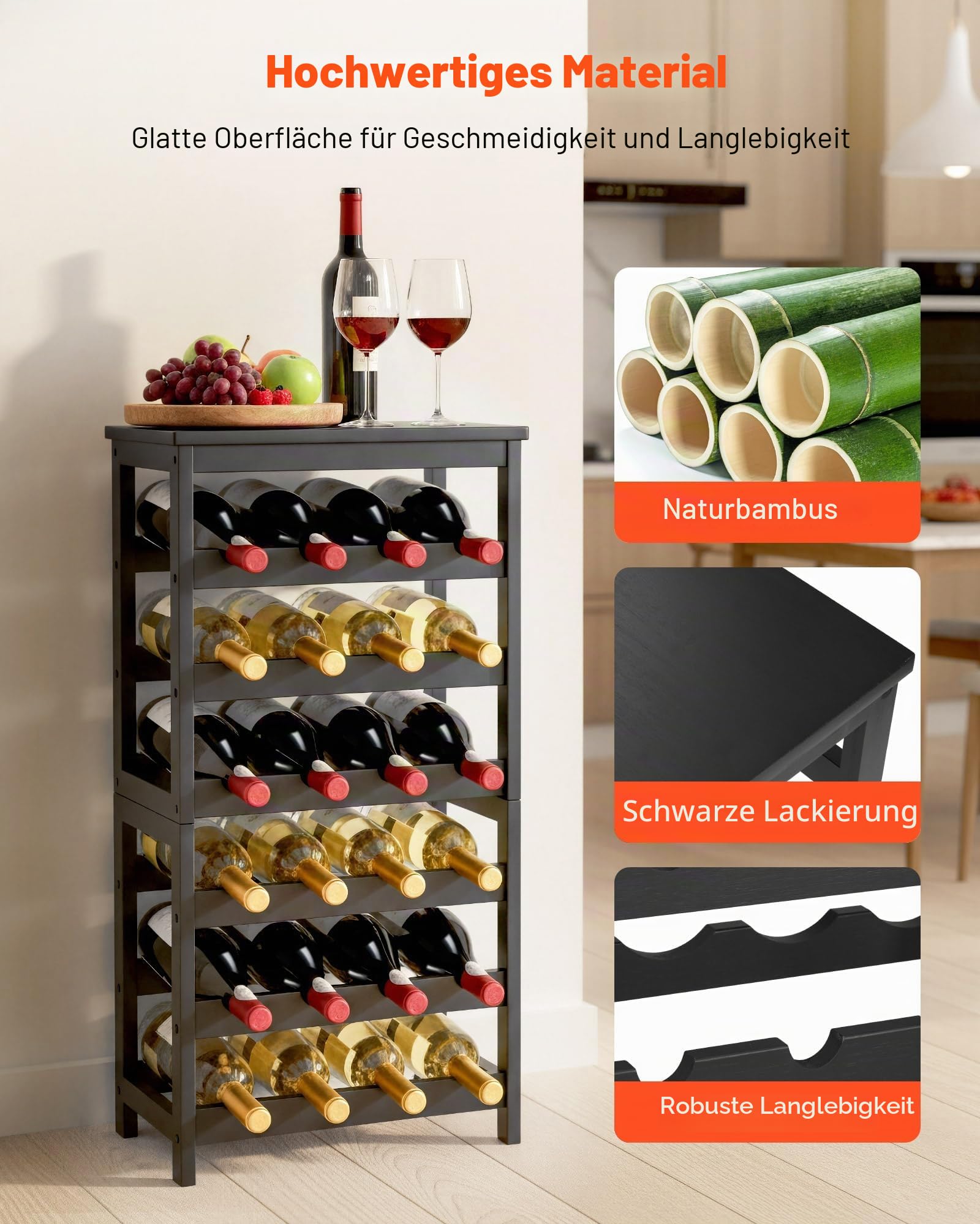 VEVOR Weinregal für 24 Flaschen, 6-stöckig, freistehendes Flaschenregal mit 36 kg Gesamtbelastbarkeit, Weinflaschenständer für Küche Keller Bar Esszimmer Wohnzimmer, Weinflaschenhalter Schwarz