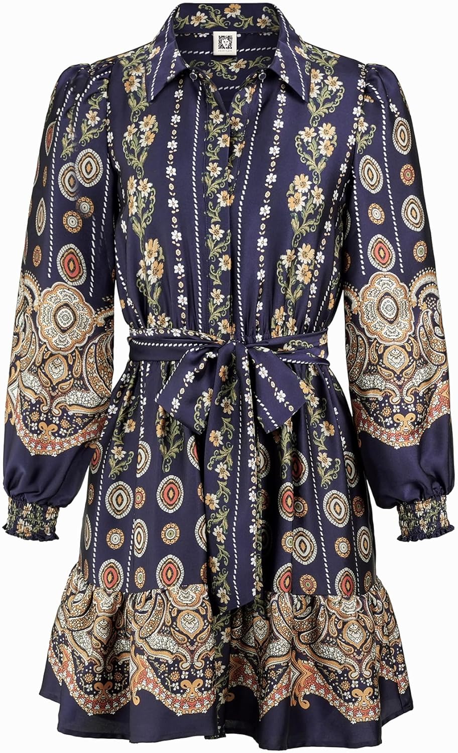 Anne Klein Women's Long Sleeve Printed, Tiered Shirt Dress