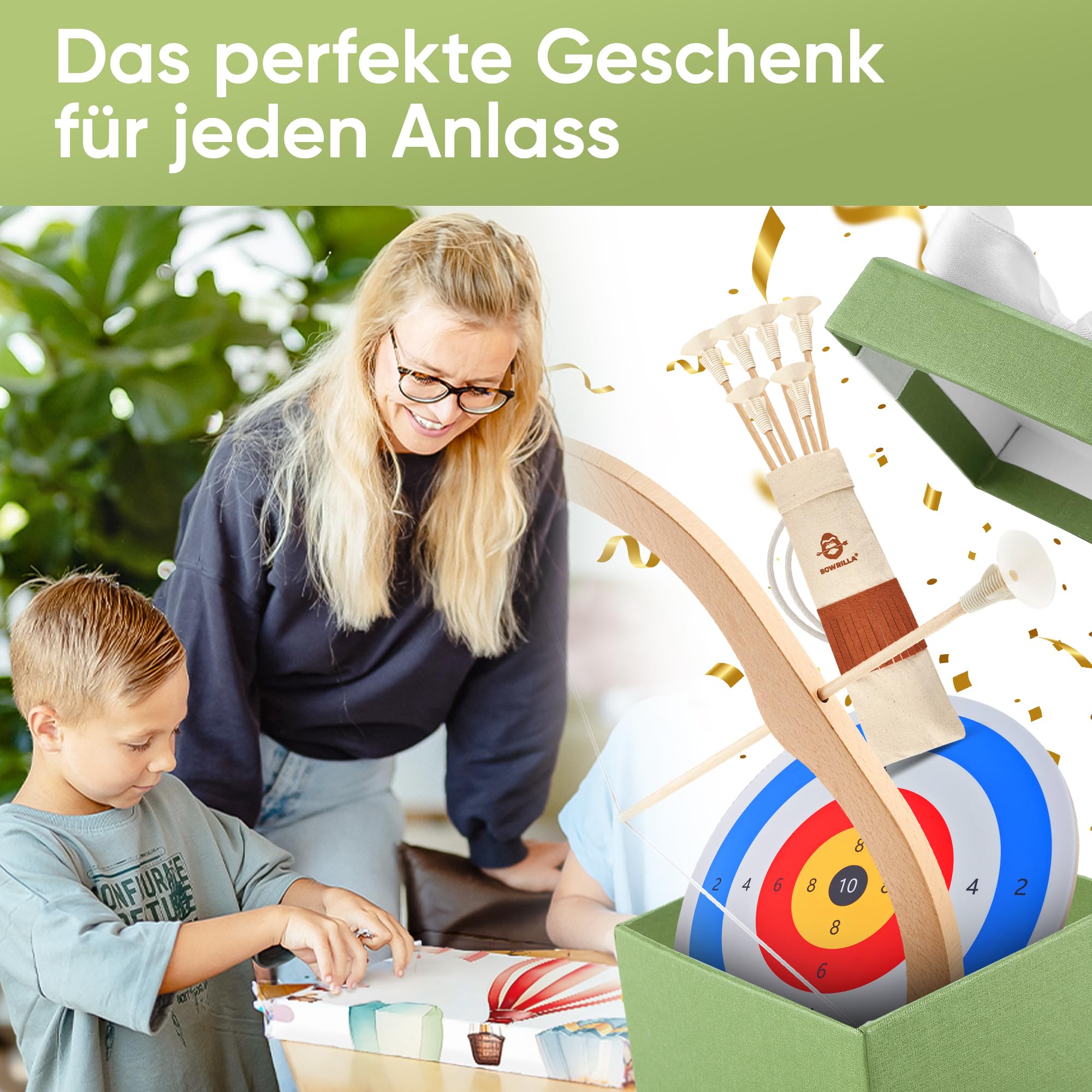 BOWRILLA® Pfeil und Bogen Kinder Holzspielzeug Set mit 6 Saugnapf-Pfeilen, Zielscheibe aus Holz und Köcher | Bogenschießen Kinder Spielzeug für Indoor- und Outdoor Spiele ab 3 Jahren