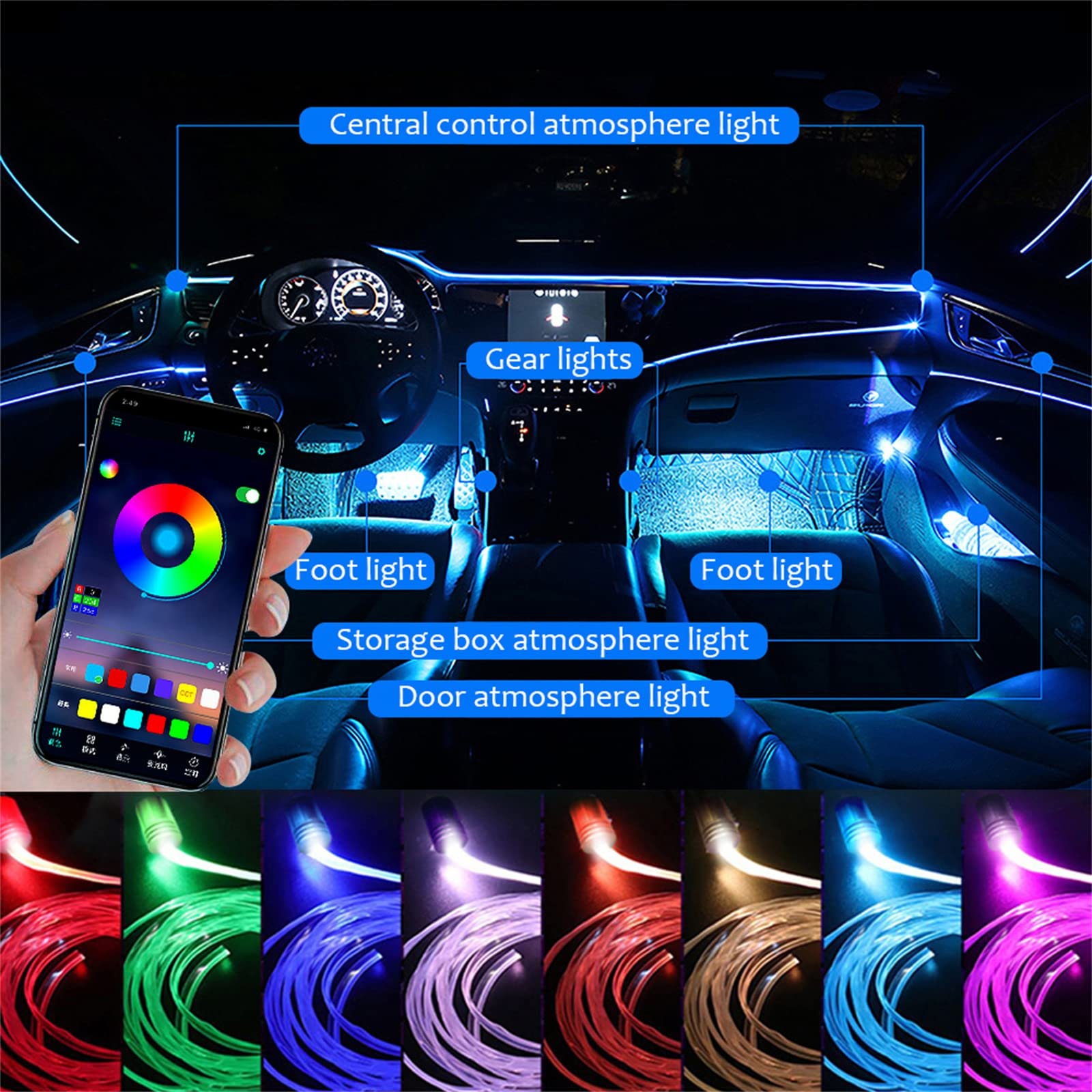 Luces Ambientales LED RGB, Tiras De Fibra Óptica De Luz De Ambiente Interior De Automóvil Aplicación DIY para Accesorios De Automóvil Tablero De Instrumentos Decorativo, Función Activa,14 in 1
