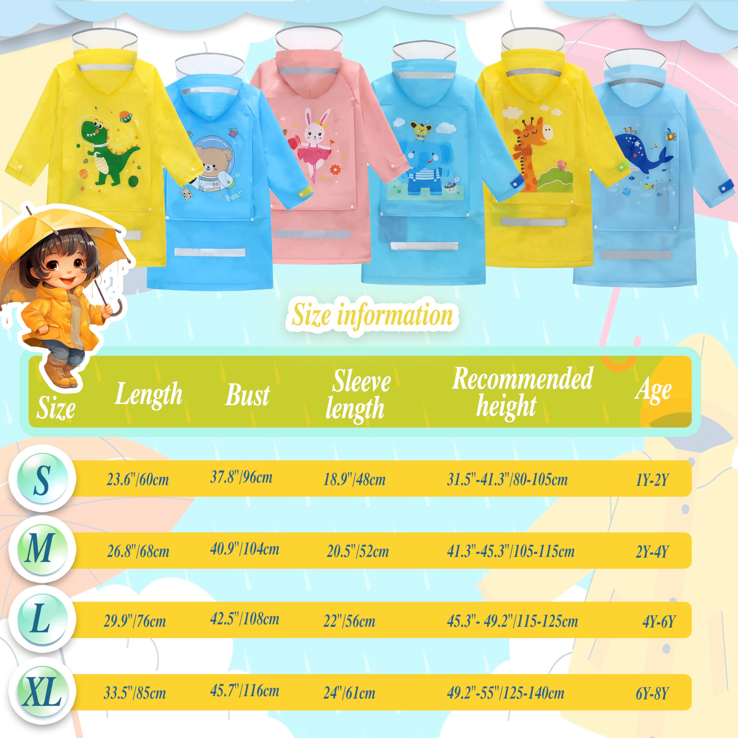 Chubasquero Ligero Niños Niñas, Impermeable EVA Poncho de Lluvia Reutilizable con Funda para Mochila de Dibujos Animados, Deportivo, Unisex, 1-12 Años, S M L XL