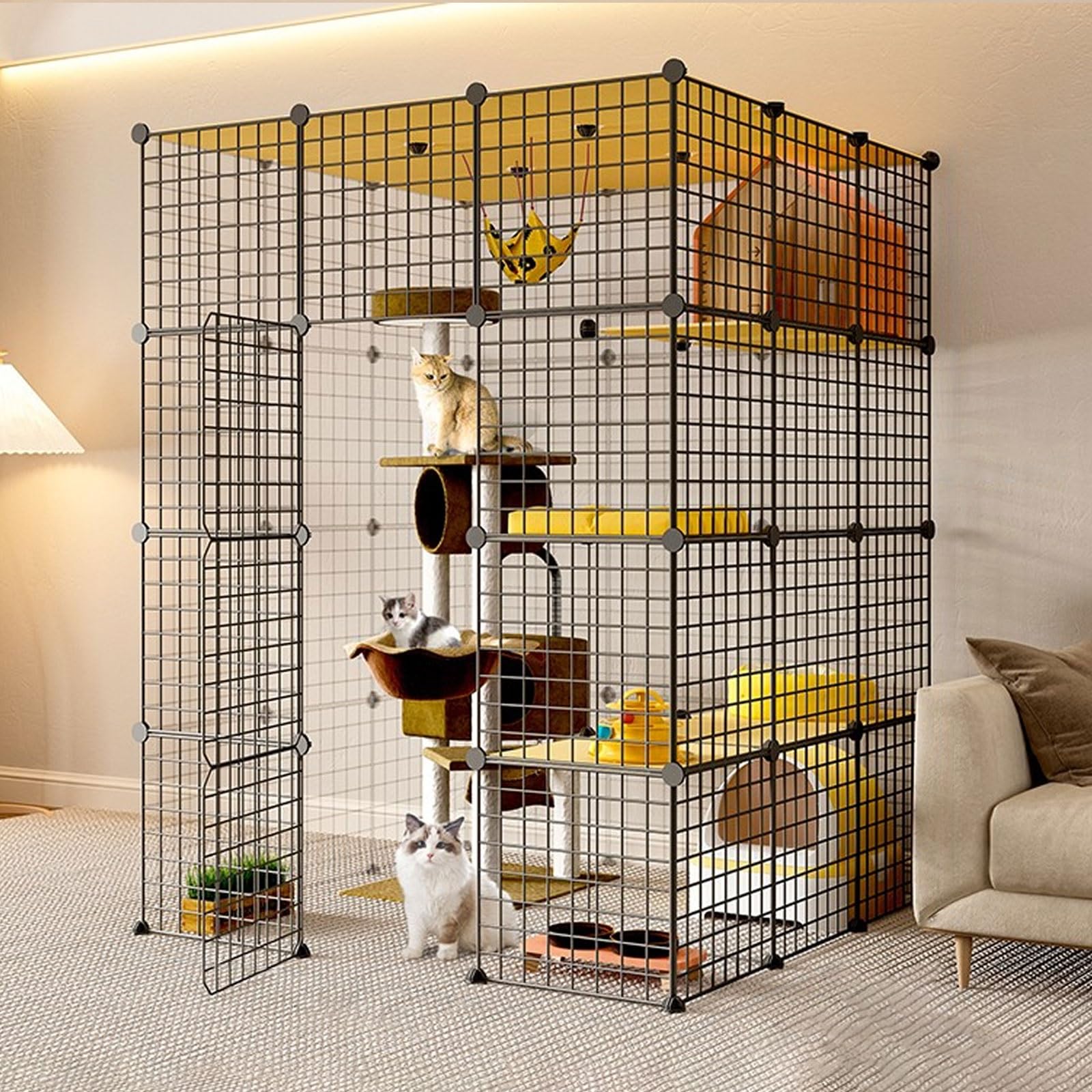 Duża wewnętrzna klatka dla kota z kuwetem, obudowa dla wielu zwierząt domowych, dla kotów, szczeniaków, fretek, jeży – łatwy montaż, konfigurowalne siedlisko zwierząt domowych