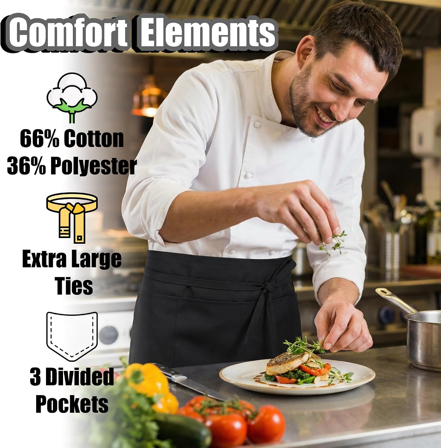 TOSHE Waist Apron 3 Pockets Waterdrop Resistant Cotton Server,Chef,Waitress