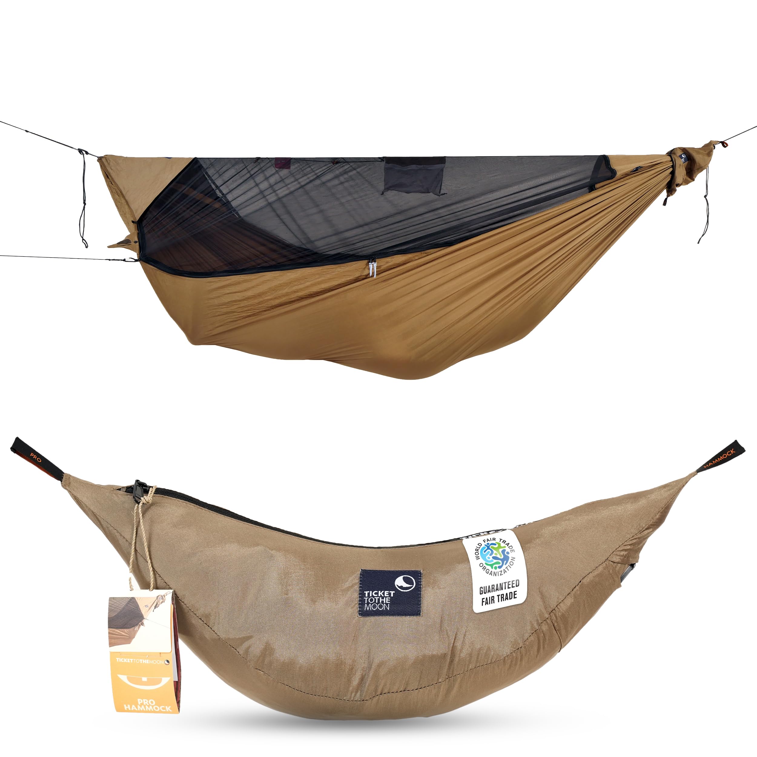 Parachute Hammock Pro - Brown | Outdoor Hammock with 325 x 170 cm with Integrated Mosquito Net, Carabiners and Ridgeline for Quick Assembly | Original Ticket to the Moon Since 1996