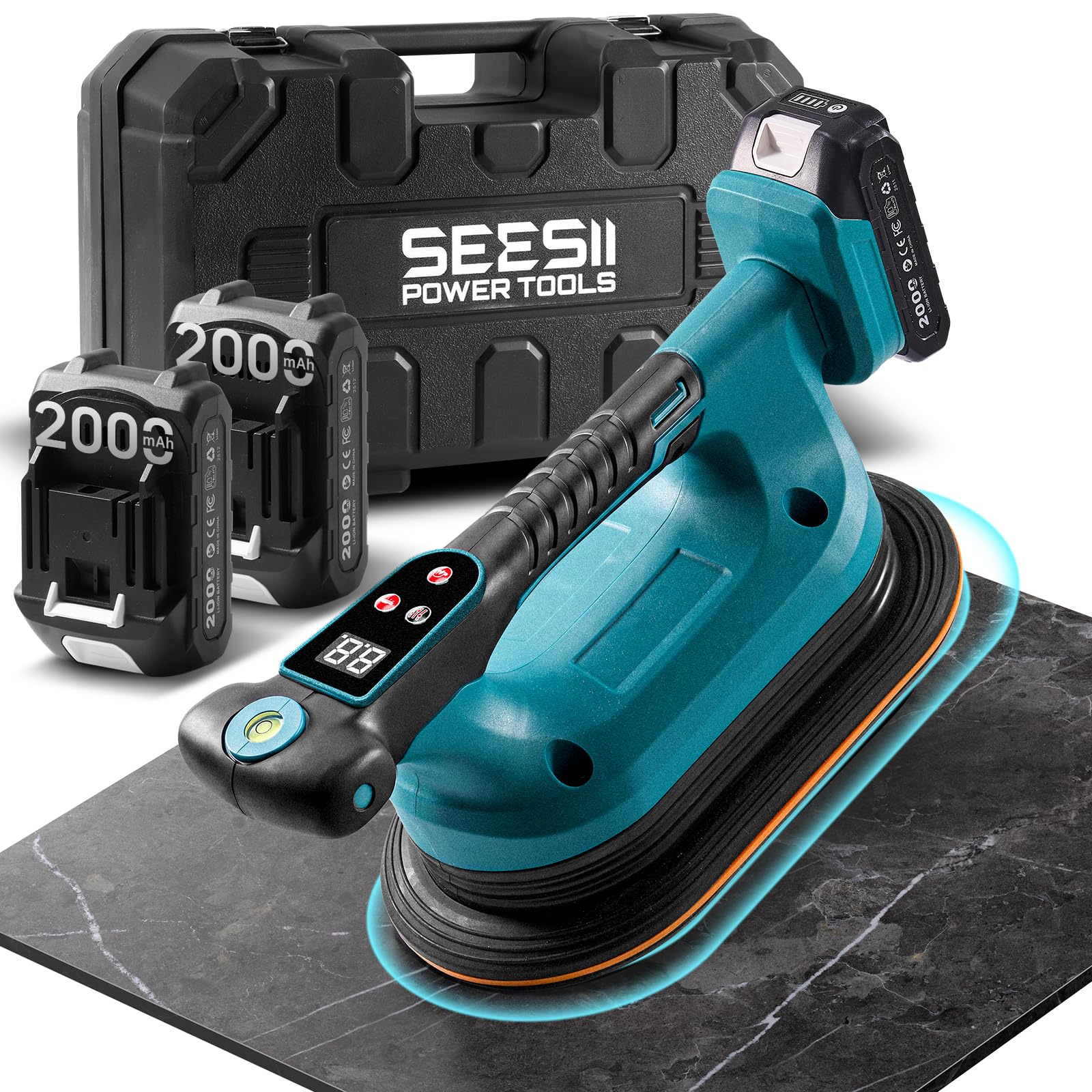 SEESII Vibratore per Piastrelle 285 mm, 2-in-1 Ventosa Vibrante per Piastrelle & Strumento di Vibrazione, 12 Velocità, Batteria 10 Ore, Livella – Vibratore Piastrelle per Formati Grandi (K919B)