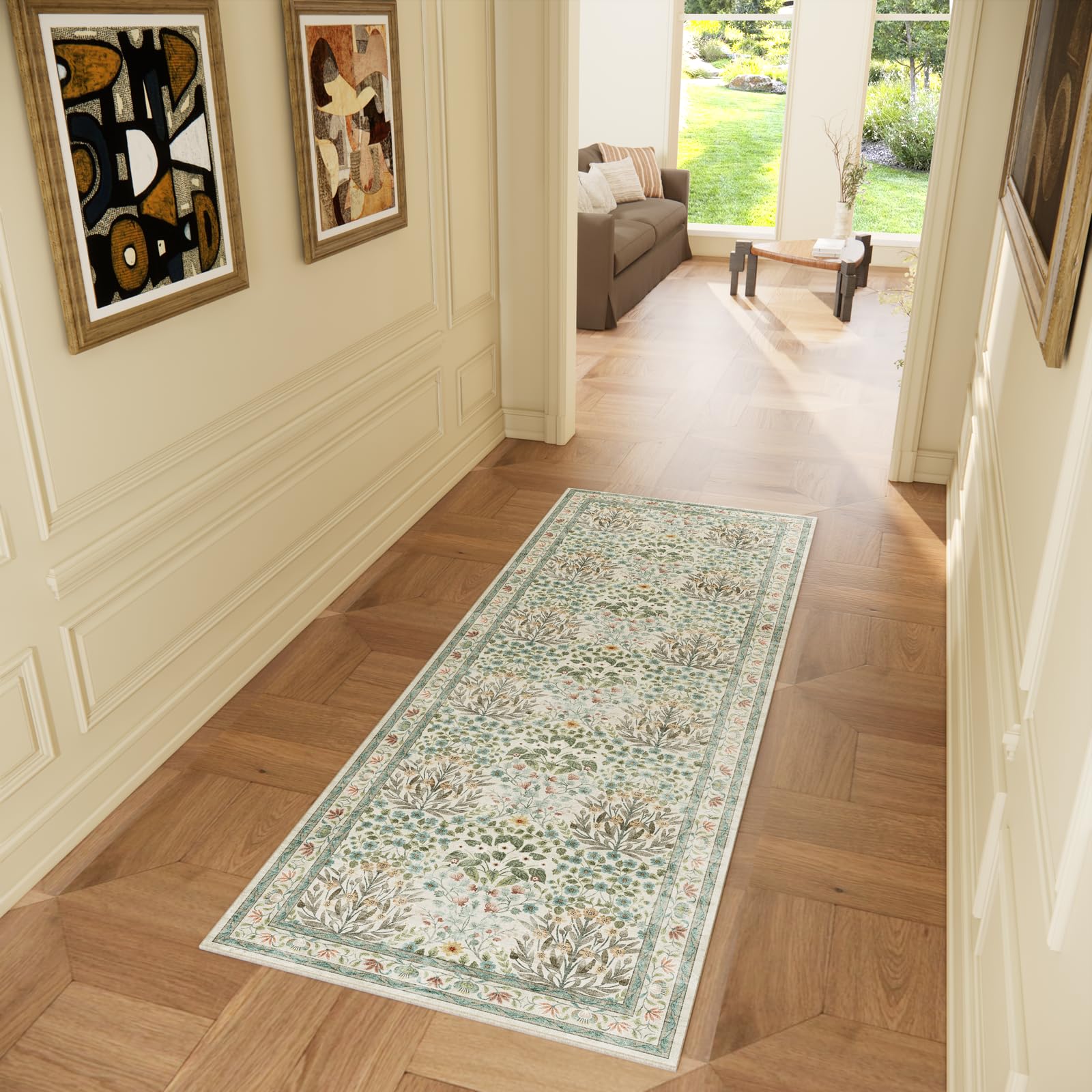 Non-Slip Washable Runner Rug 2x6, Beige & Blue Vintage Design for Hallway, Kitchen, Laundry Room & Bathroom