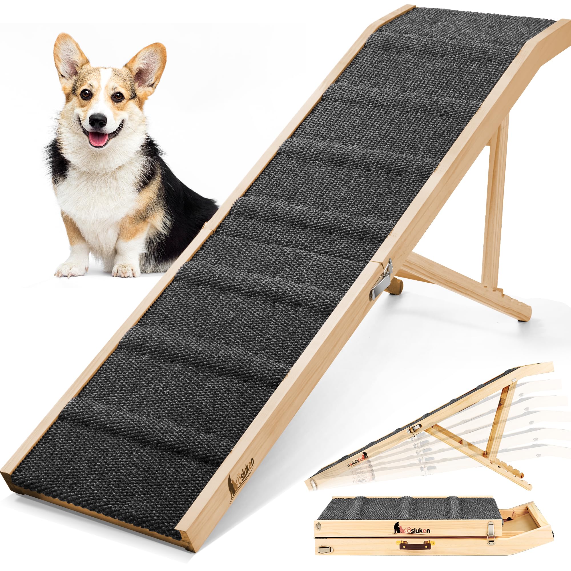 Photo 1 of ???? ???????? Dog Ramp for Bed, 64" Long Foldable Pet Ramp for Small Large Dogs, Dog Ramps for High Beds Car, High Traction with Platform 6 Adjustable Heights 24" to 30" Up to 220LBS Black