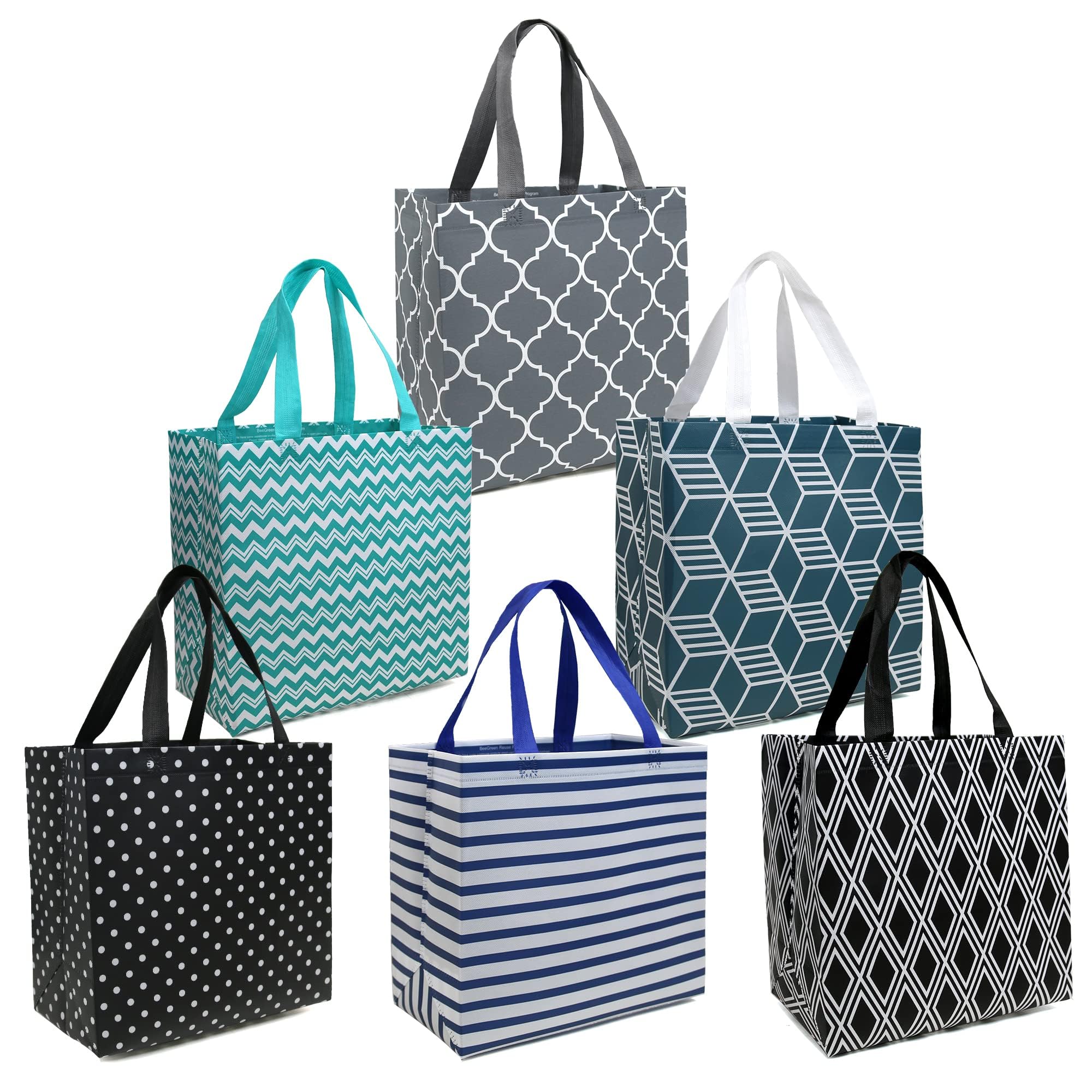 BeeGreen 6-Pack Foldable Reusable Grocery Bags – Large Cloth Tote Bag with Handles, Bulk Shopping- Bags in Geometric Design, Shopping Baskets, Utility