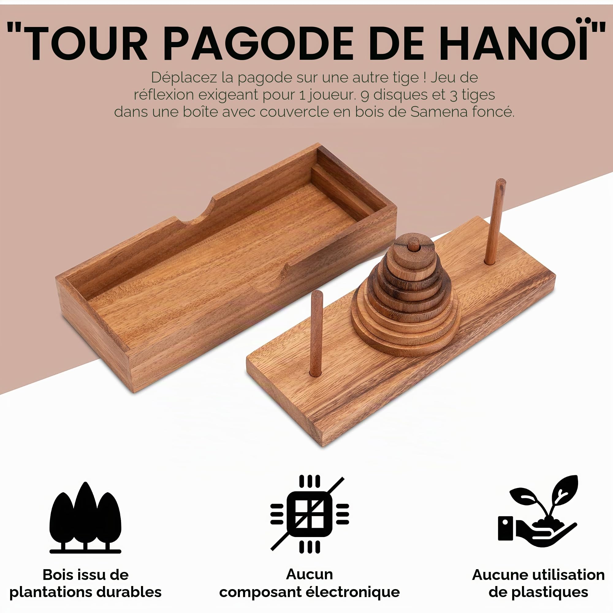 Pagoda - Tour de Hanoi - Jeu de Réflexion - Jeu de Patience avec 9 Disques en Bois