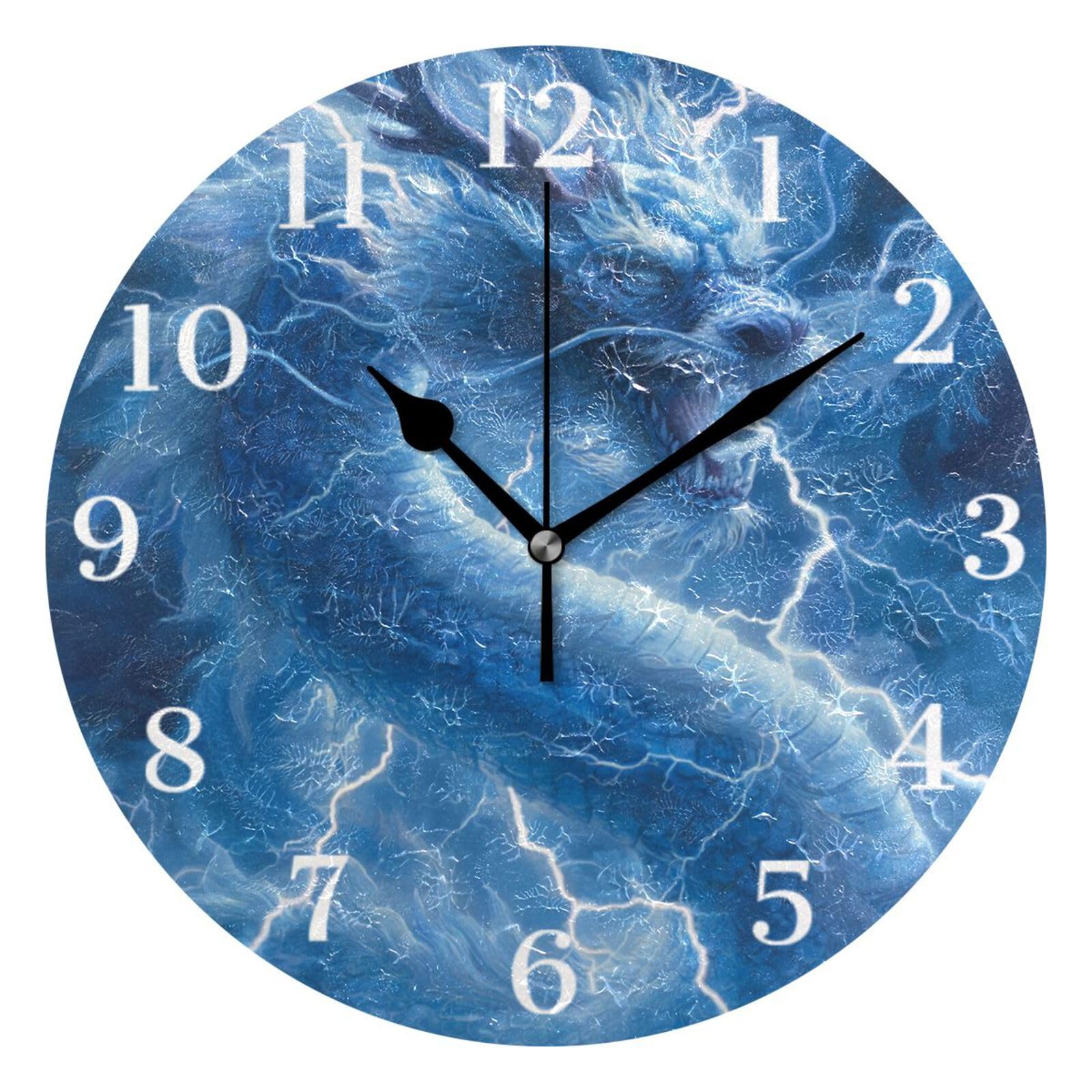Ensound Blue Chinese Dragon Lightning Wall Clock Silent Non-Ticking Battery Operated Clocks 12 Inch for Kitchen Home Living Room