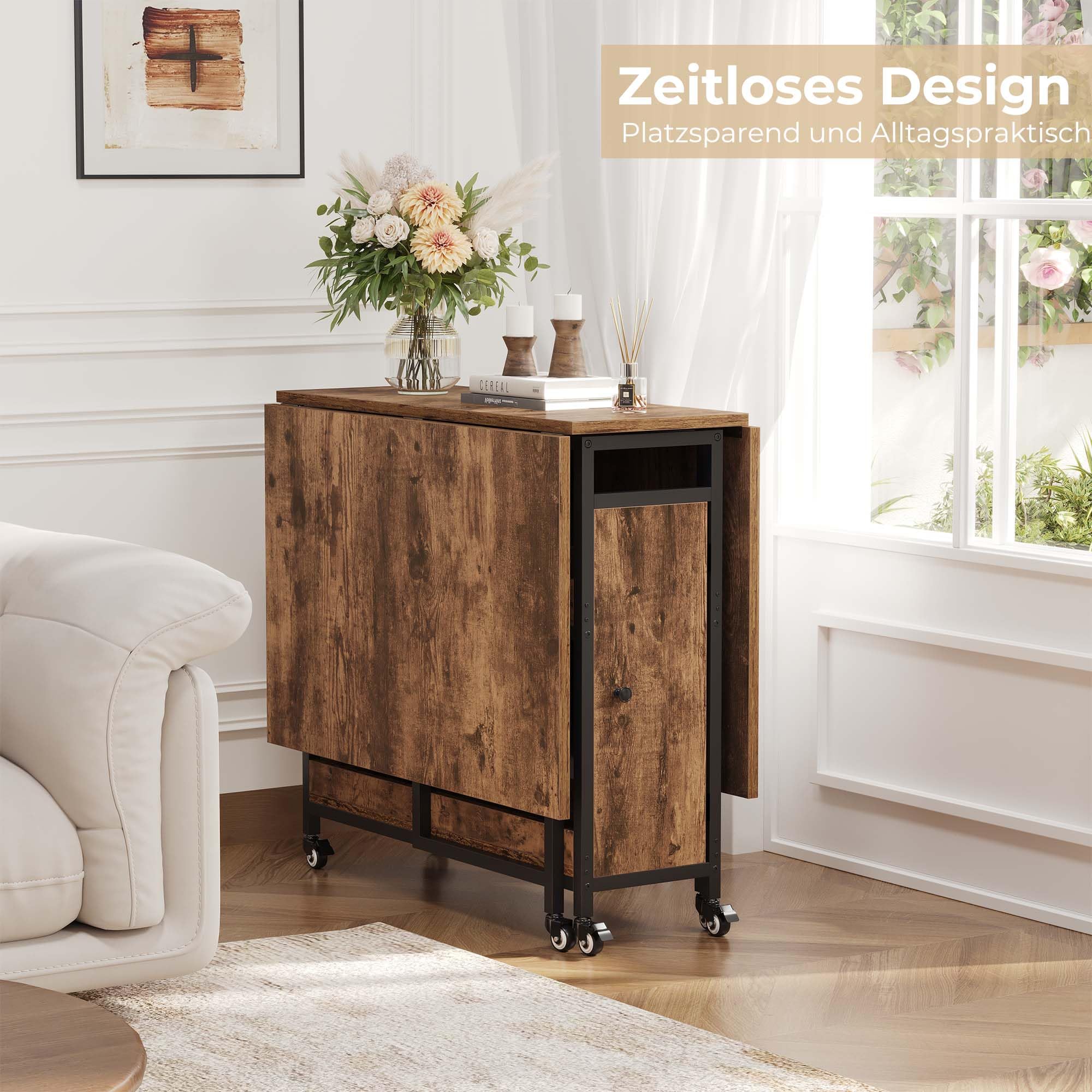 HSH Klappbarer Esstisch Klapptisch Küche Mit Stauraum für Küche Küchentisch Klappbar mit 2 Regalen und Rollen Mobiler Tish Platzsparender für Wohnzimmer Wohnung Rustikales Braun 130cm