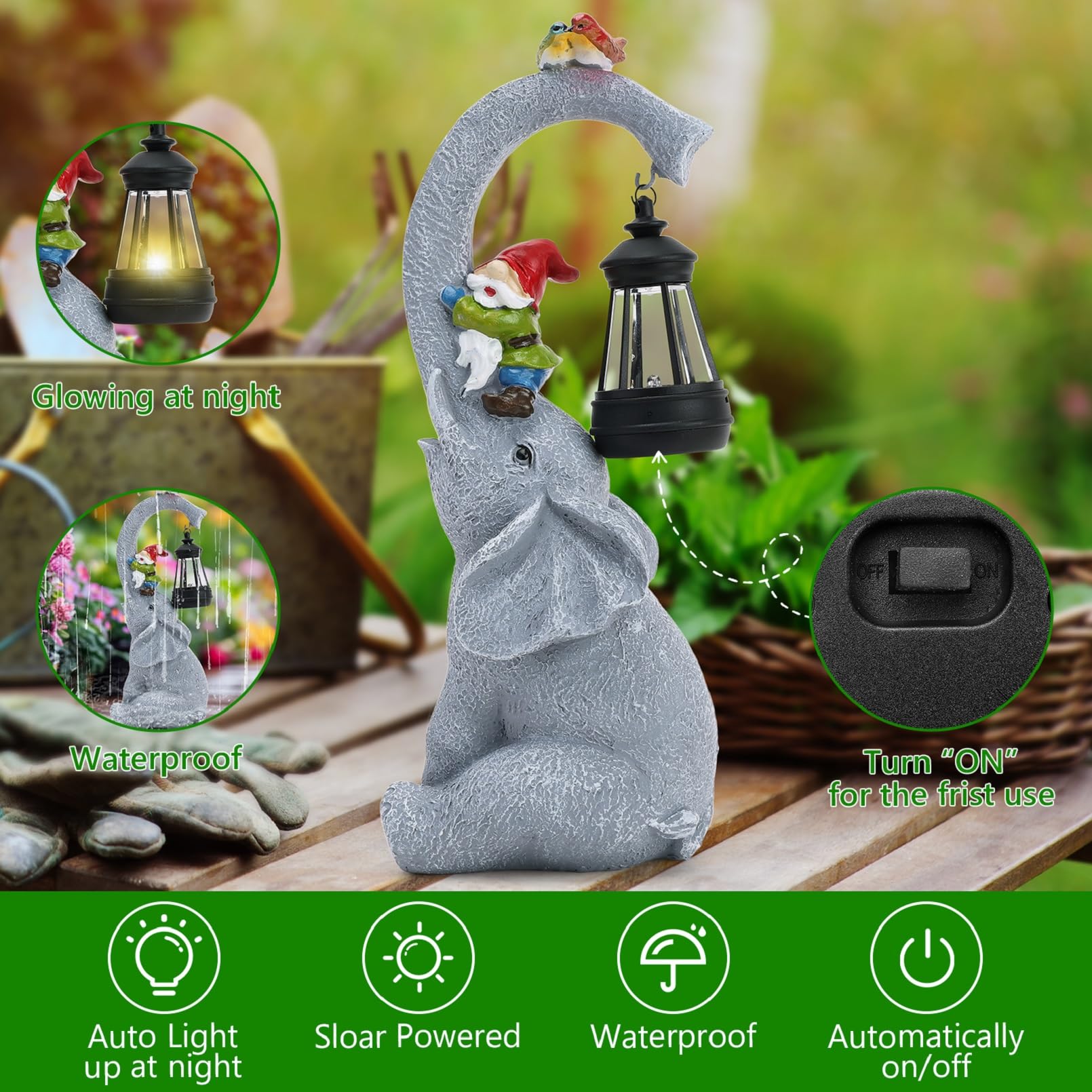 Statua Elefante Da Giardino Con Luce Solare - Decorazione Esterna, Resina Resistente, Regalo Per Donna O Mamma - Foto 6