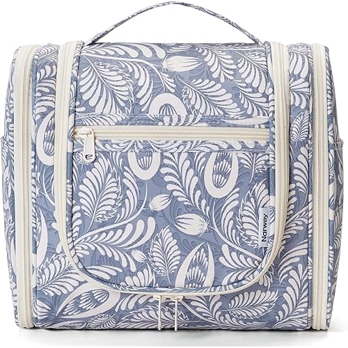 Narwey Hanging Toiletry Bag for Women Travel Makeup Bag Organizer Toiletries Bag Men for Cosmetics Essentials Accessories(Large, Blue Leaf)