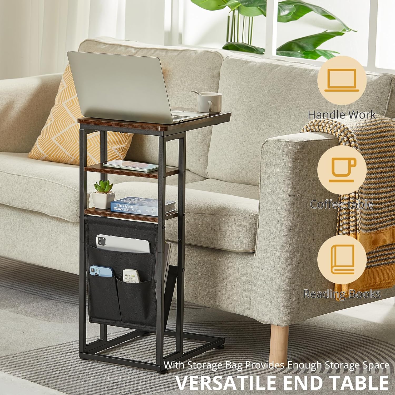 C Shaped End Table 28"(H) 3-Tier C Table with Storage Bag, Under Couch Table C-Shaped End Table with Storage Shelves and Bag for Living Room, Bedroom, or Office