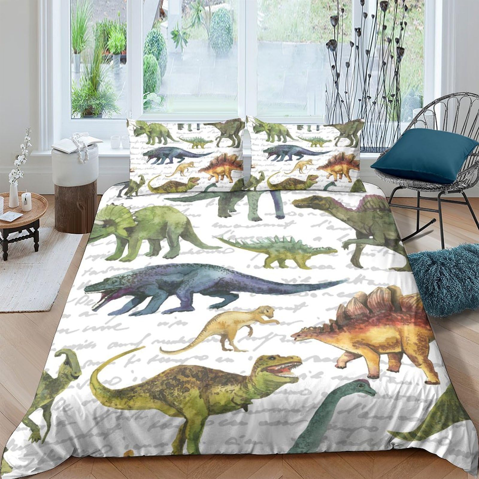 TUFRTGYHN 3D Printed Dinosaur Pattern Duvet Cover Microfiber Soft Breathable Jurassic Bedding Set with 2 Pillowcases for Bedroom Decor Single（135x200cm）