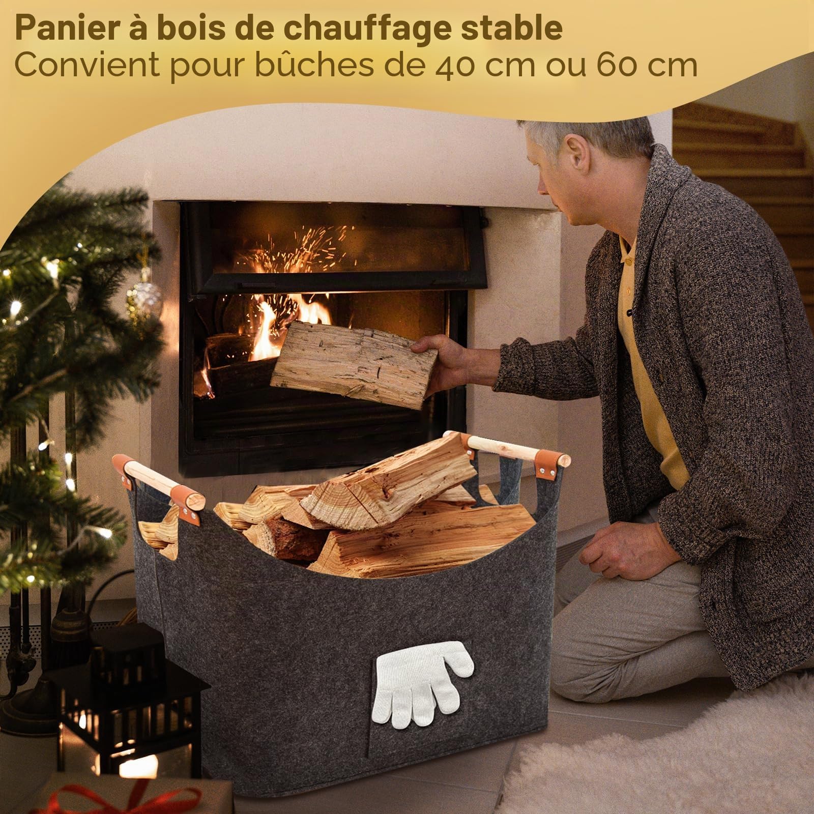 FINEW Panier à bois pour boiss de cheminée 90 L - Avec gants - 60 x 40 x 40 cm - Grand panier en feutre pour ranger le bois de chauffage, les journaux