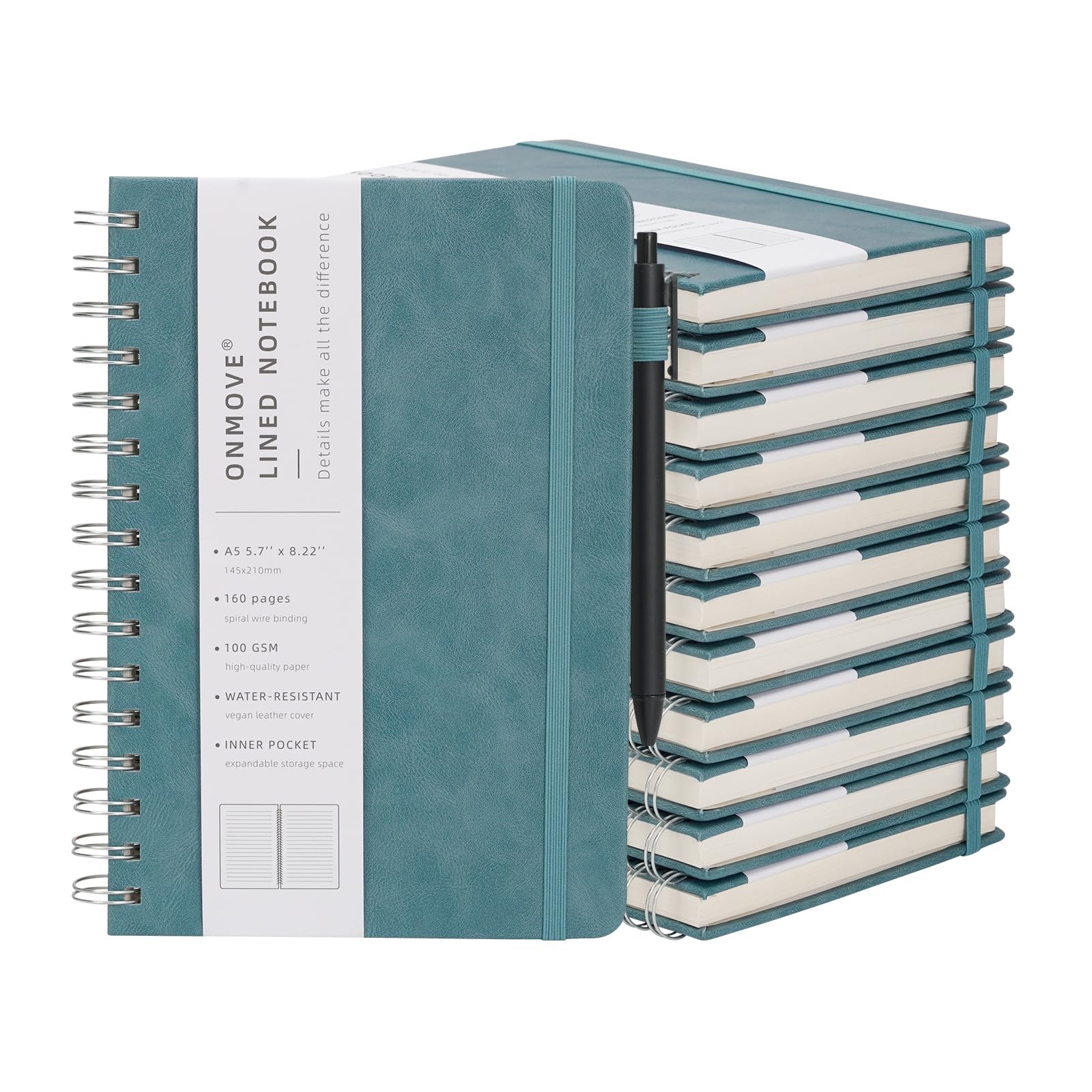 OnMove Quaderno a spirale per donne e uomini, confezione da 12 pezzi, copertina rigida in pelle con portapenne, formato A5, 160 pagine, carta spessa 100 g/m², per lavoro e scuola, a righe, blu cielo