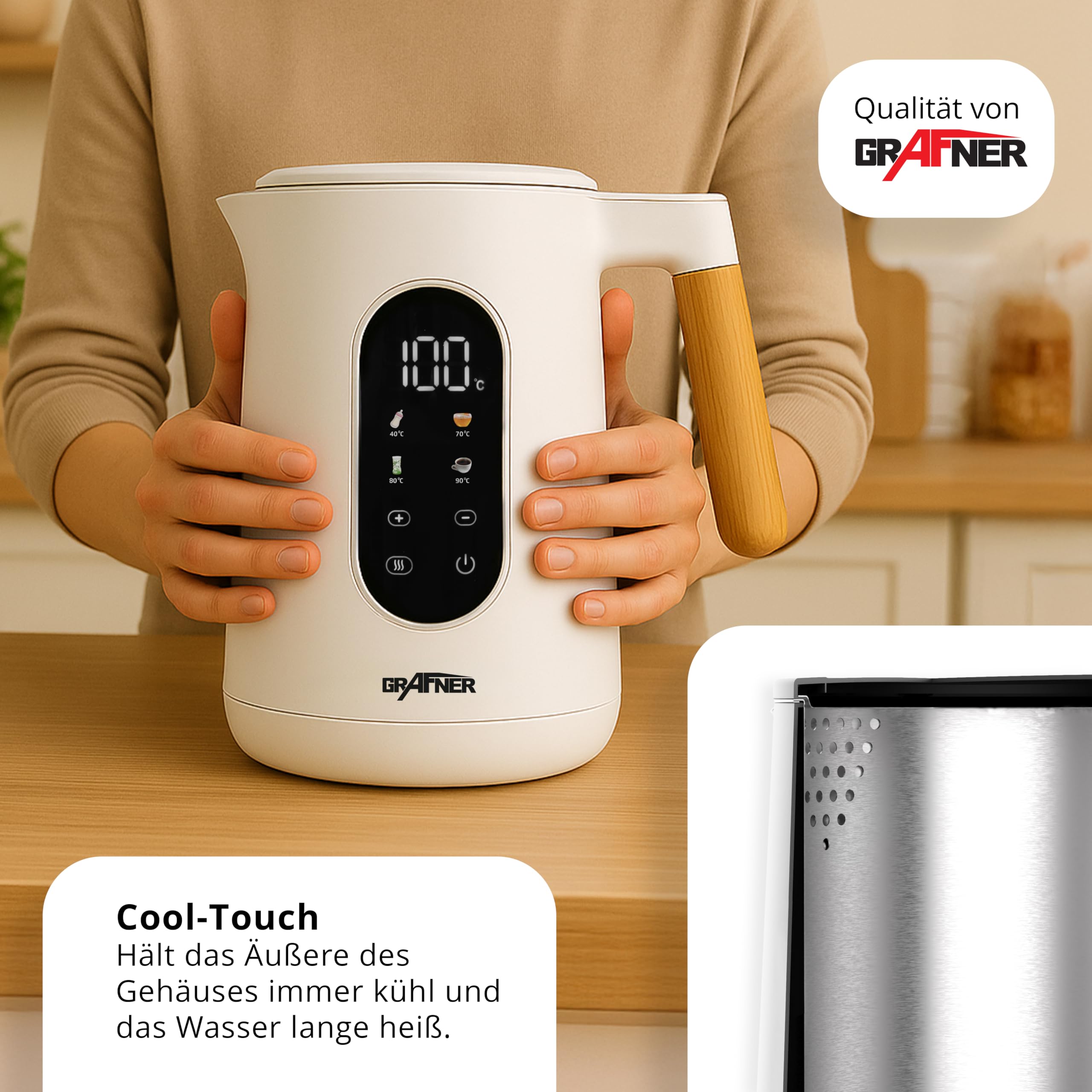 Grafner Hervidor de agua de acero inoxidable con ajuste de temperatura, 40 °C a 100 °C, pantalla grande, función de mantenimiento del calor y función de memoria, 4 programas, doble pared, 1,7 litros
