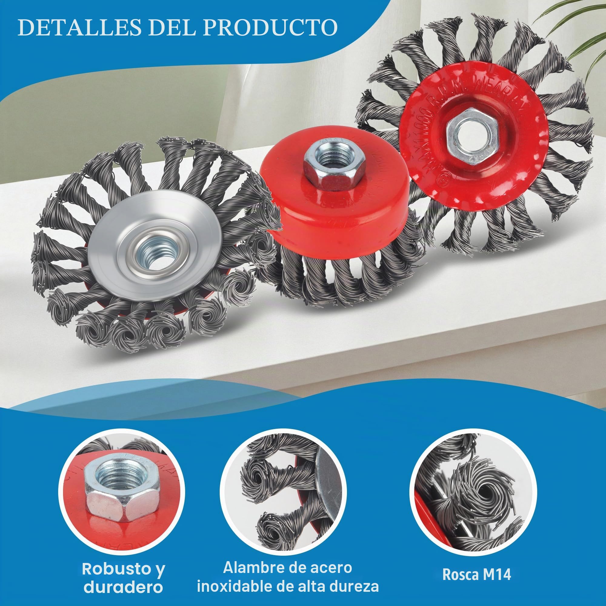 6 Piezas Cepillo de Alambre para Amoladora Angular M14, Cepillo de Alambre para Amoladora Angular M14 Diámetro de 75 mm y 100 mm, para el Lijado de Metales Eliminación de Óxido y Pintura, Rojo