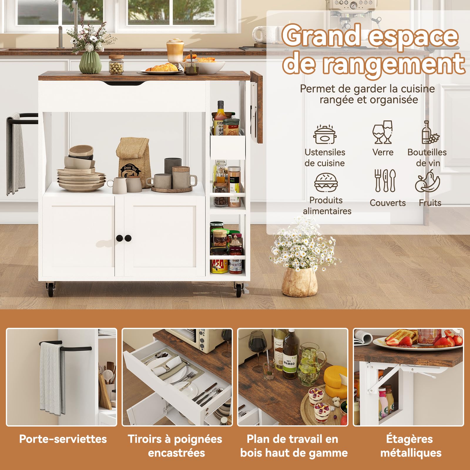 YU YUSING Desserte Cuisine à roulettes avec Plan de Travail Extensible 104x40cm, 4 Étagères, 2 Tiroirs, 1 Porte, Îlot Central Cuisine Mobile, Meuble Micro-Ondes, Blanc/Marron