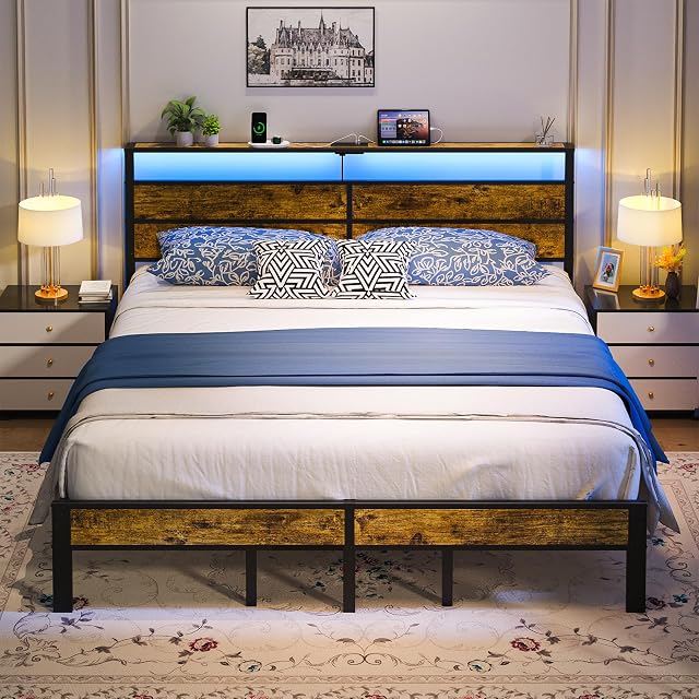 King Size Bed Frame with USB Type C Charging Station Headboard Smart LED Lights Metal Platform Noise Free