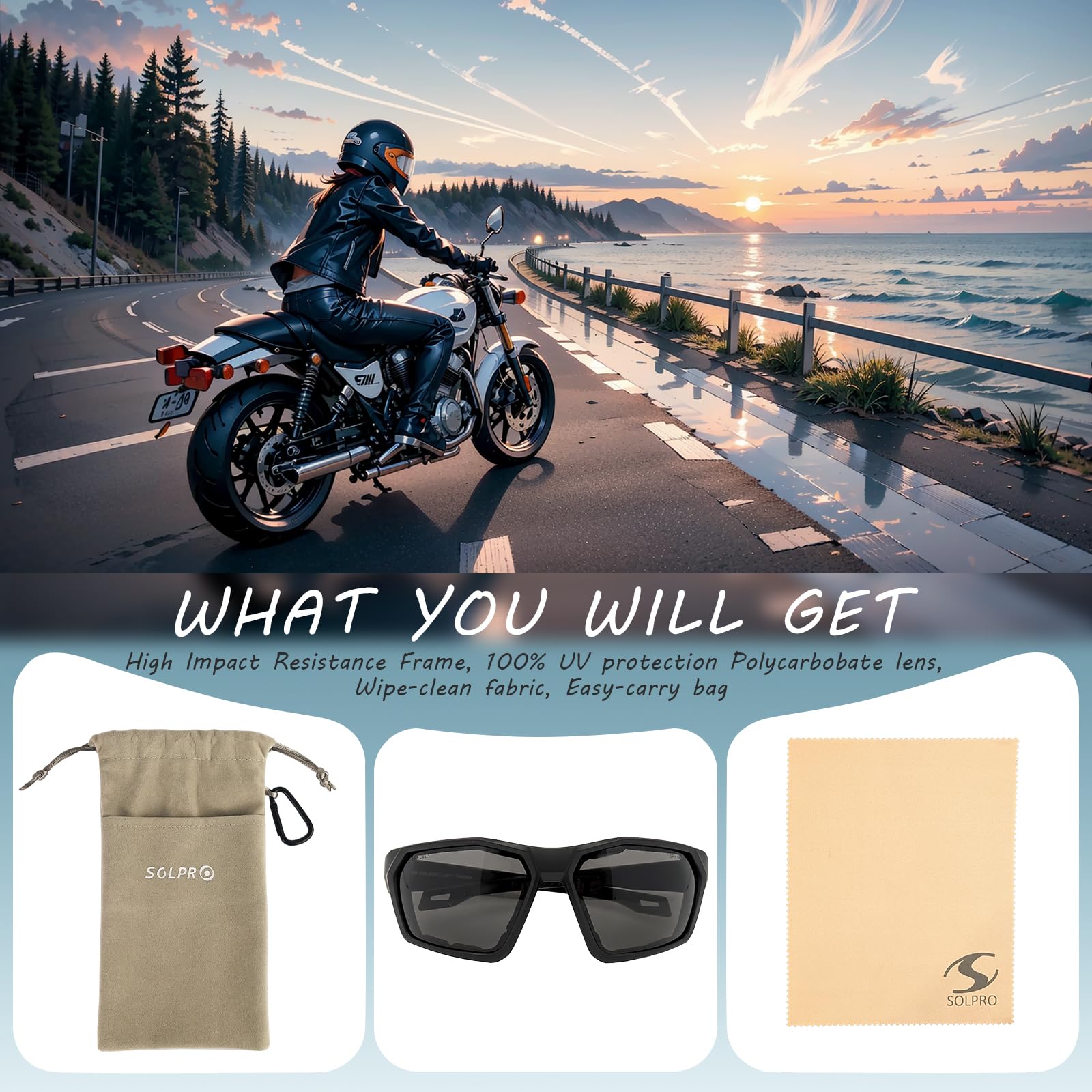 SOL PRO Lunettes de conduite de moto anti-buée, lunettes de protection, rembourrage en mousse, anti-poussière et coupe-vent, pour homme et femme
