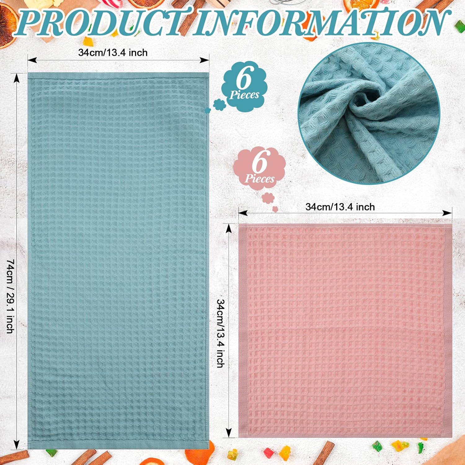 Preboun 12 Pcs Cotton Kitchen Towels Waffle Weave Dish Towels, 13 x 29 Inch 13 x 13 Inch, Absorbent Kitchen Hand Towels Fast Drying Lightweight Washcloths Multicolor Dish Rag Reusable Cleaning Cloths