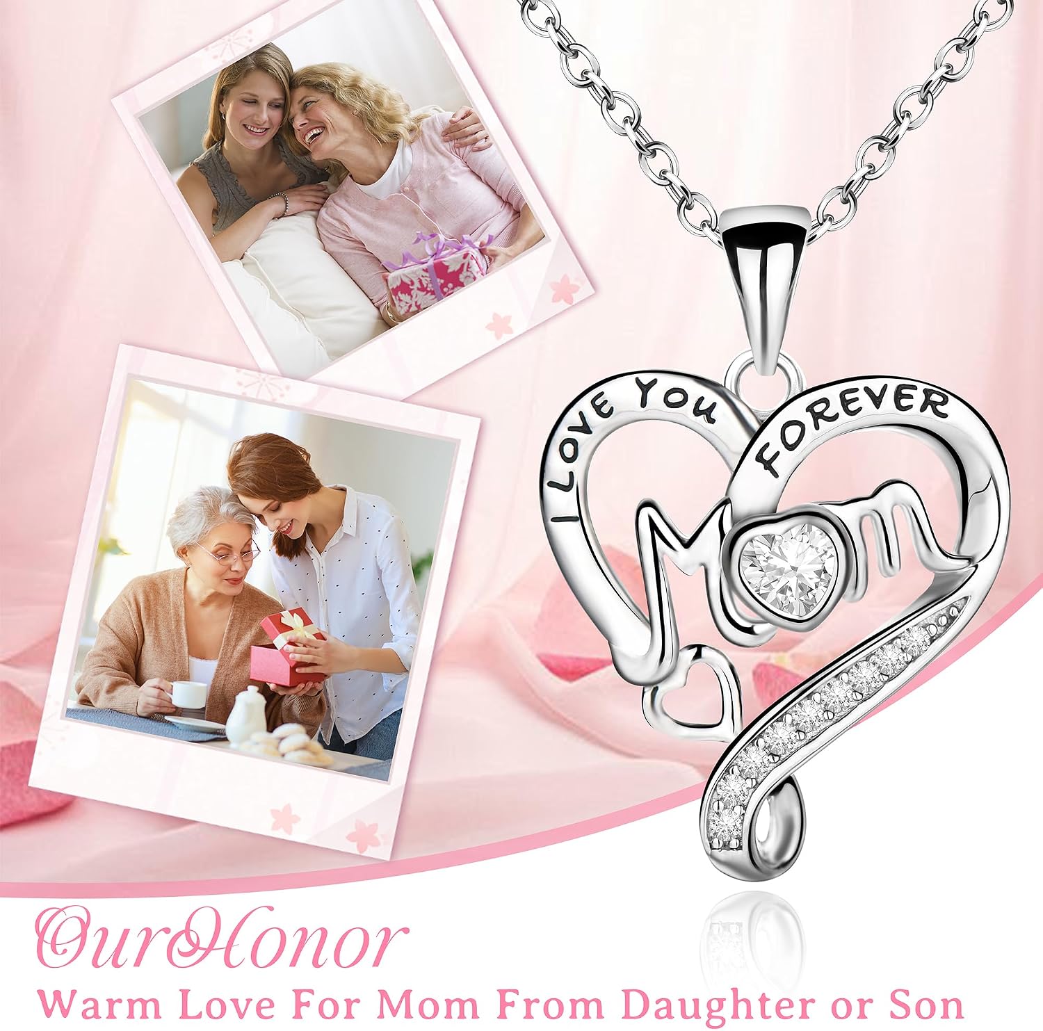 OurHonor Necklace for Mom, I Love You Forever S925 Sterling Silver Necklaces Birthday Gift for Women, Heart Pendant Silver Jewelry Chain for Mothers Day Gifts From Daughter Son