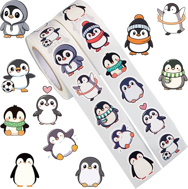 Rollo de 1000 calcomanías de pingüino, 2 rollos, 10 diseños de calcomanías de animales | Lindas calcomanías de pingüino de dibujos animados, recompensas para el aula, álbum de recortes, sellos para sobres, manualidades, recuerdos de fiesta y decoraciones de regalo