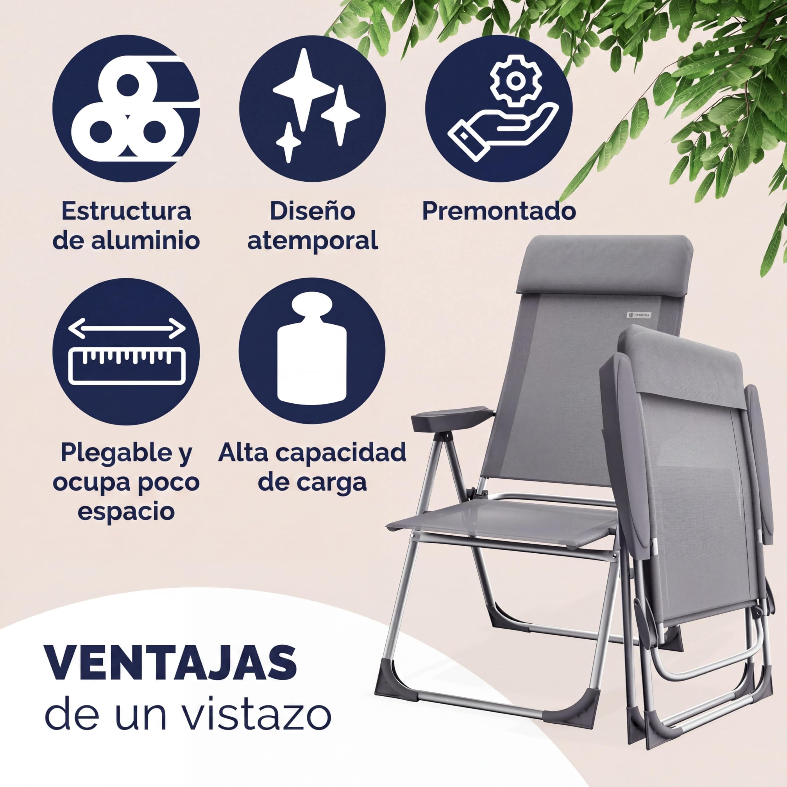 CASARIA® Sillas de Jardín Plegables Set de 2 Respaldo Alto Ajustable en 6 Posiciones Reclinable Marco Aluminio Estables Ligeras Exterior Terraza Balcón Camping