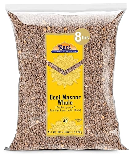 Rani Desi Masoor (Masur) Entero 128oz (8lbs) 8.0 lbs (aka. Pardina Lentejas marrones españolasamericanas enteras) a granel  Todo natural  Vegano