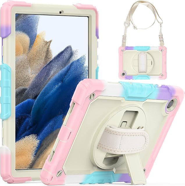 SEYMCY for Samsung Galaxy Tab A8 Case 10.5 Inch 2022 with 360° Rotating Hand Strap Screen Protector Stylus Holder, 3-Layers Protective Galaxy A8 Tablet Case for Kids SM-X200 X205 X207, Pink