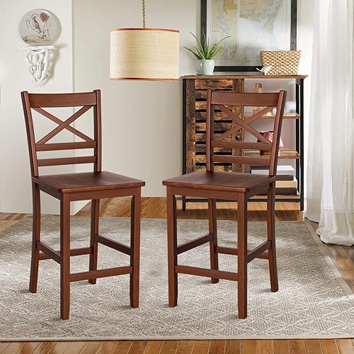 Miniatura 13 de COSTWAY Juego de 4 taburetes de bar, sillas antiguas de altura de encimera de cocina de 25 pulgadas con respaldo de madera en forma de X y patas de