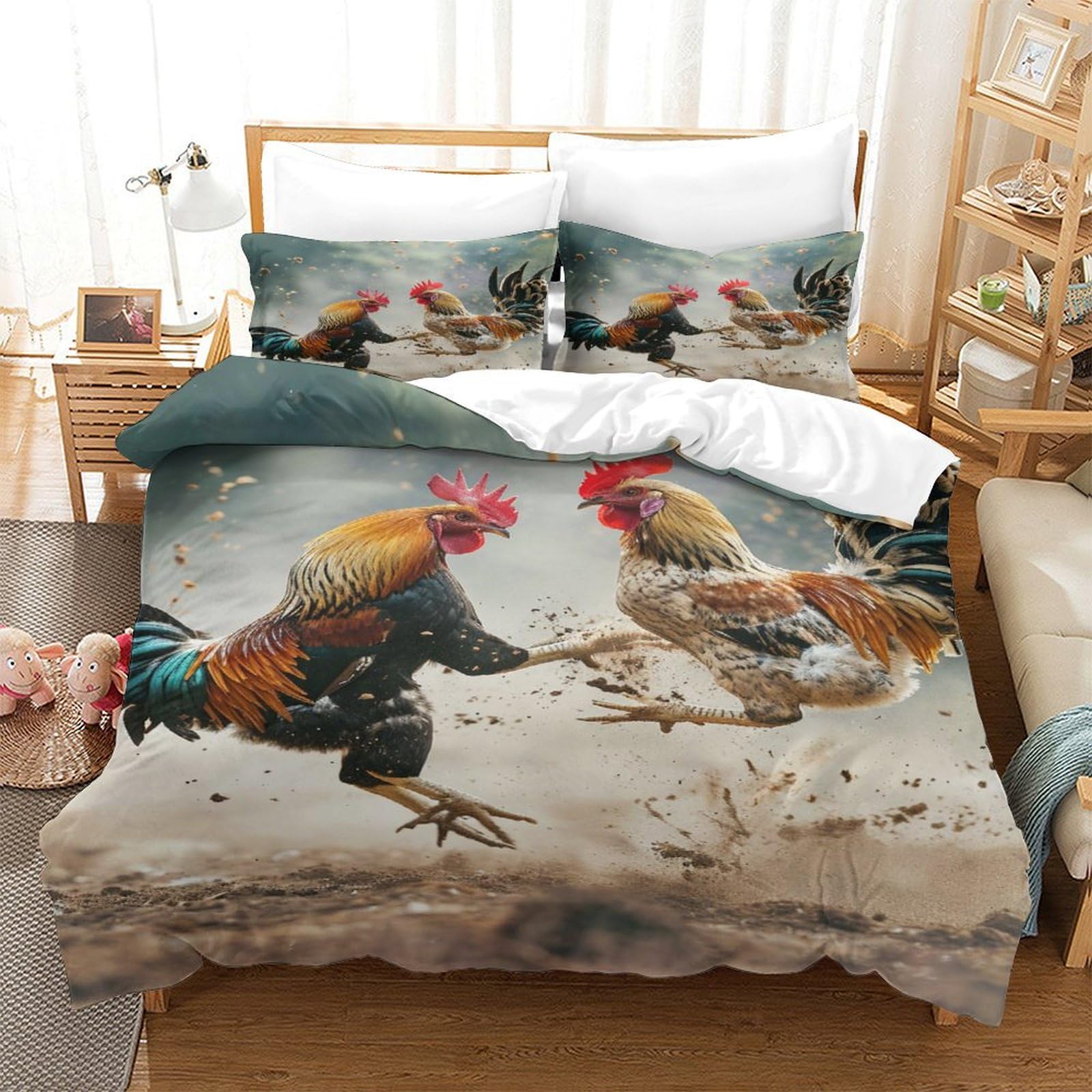 P1s9u7w5y Gallic Rooster-6 3D Printed Rooster Fight Duvet Cover Set 3Pcs Microfiber Farm Style Bedding Set King（220X240cm）