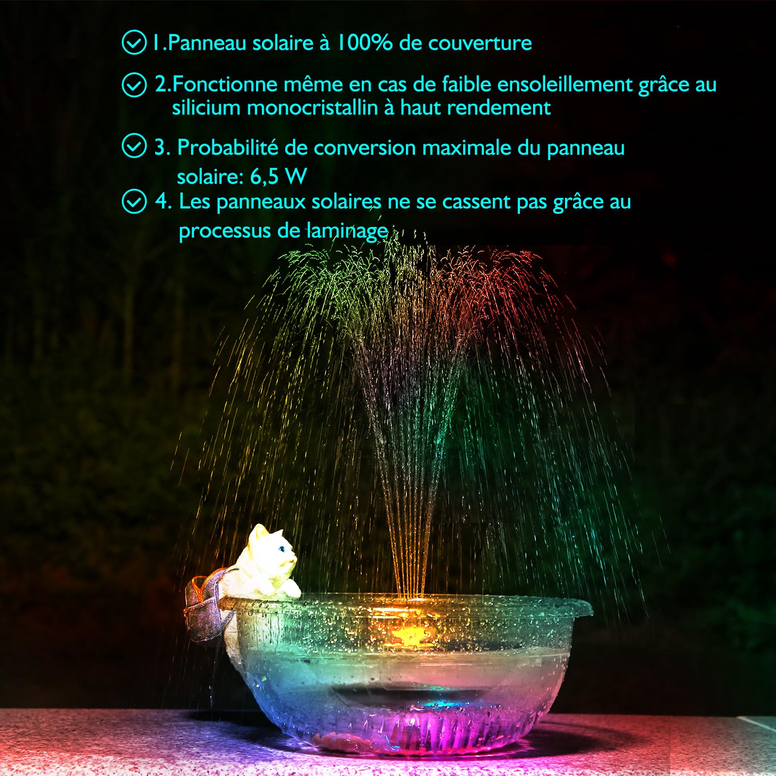 AISITIN Fontaine solaire LED 6,5 W avec barre de support réglable - Pompe de bassin solaire colorée - Batterie intégrée avec LED double face - Fontaine solaire ronde pour bain d'oiseaux, bassin de