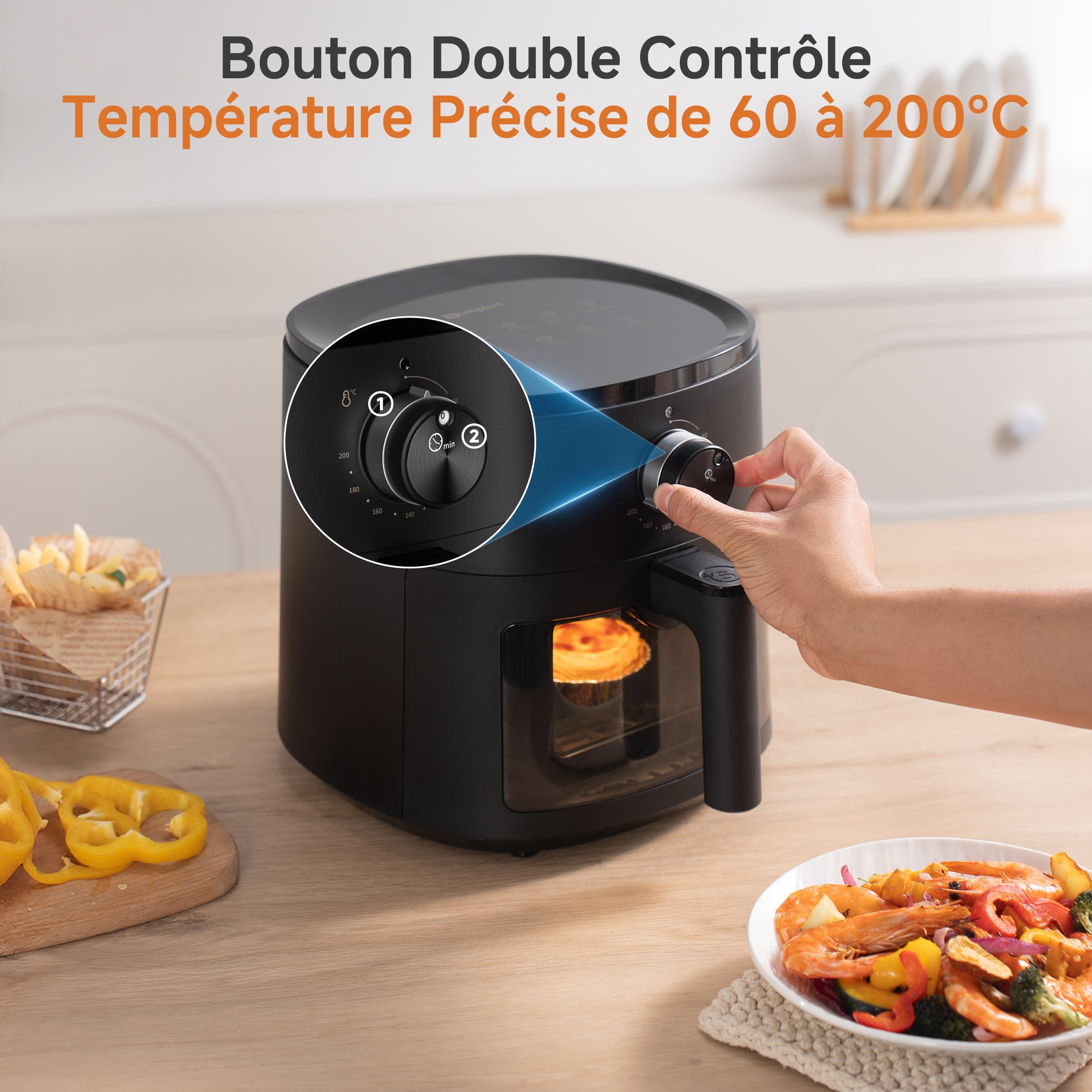 SIMPLUS Air Fryer 5L avec Fenêtre Visible, Friteuse sans Huile 1300W, 10 Menus Guidés, Contrôle par Molette, Compacte, 43dB Silencieuse, Cuisson Vapeur, 60-200°C, Jusqu'à 2-5 Personnes, Noir