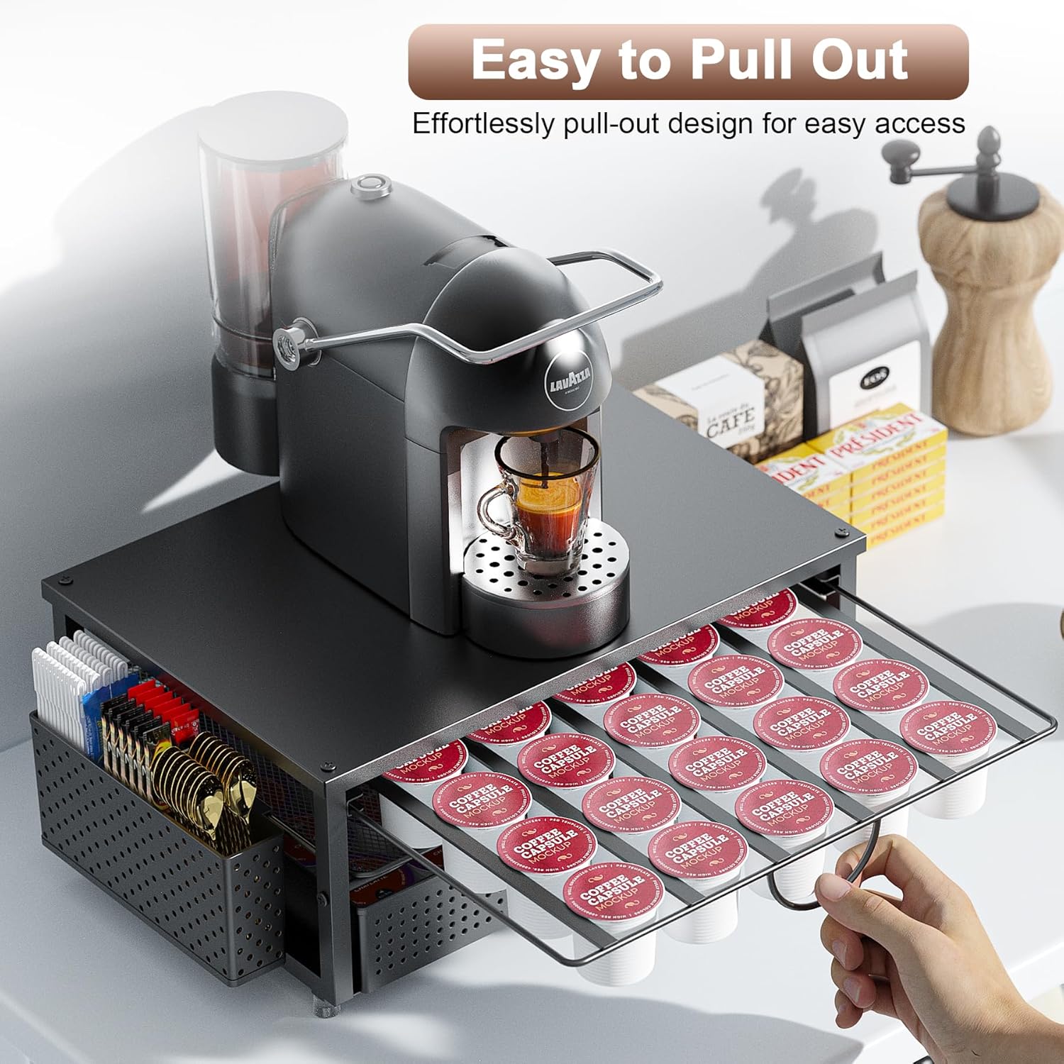 K Cup Holder, Coffee Pod Holder with 2 Tier Sliding Storage Drawer and 1 Hanging Basket for 51 Large or 73 Small Capsule,K Cup Coffee Station Organizer Accessories for Counter,Home,Office,Kitchen