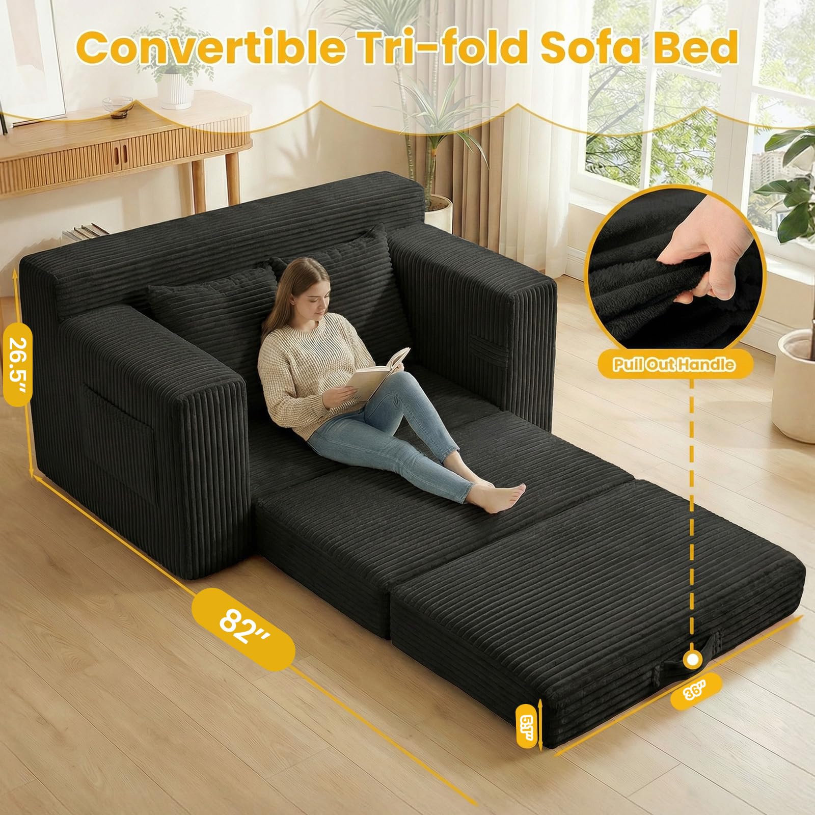 Boneless Couch,Boneless Loveseat Sleeper Sofa Bed – 3-in-1 Convertible Couch Bed with Side Pockets & Handle,Pull Out Corduroy Futon for Small Space,Living Room & Bedroom,2 Pillows Included,No Assembly
